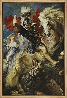wall26 - Oil Painting of St George Fighting The Dragon by Peter Paul Rubens in 1606-10 - Baroque Style - Saint, Catholic - Framed Canvas Art Home Art - 16"x24" Natural