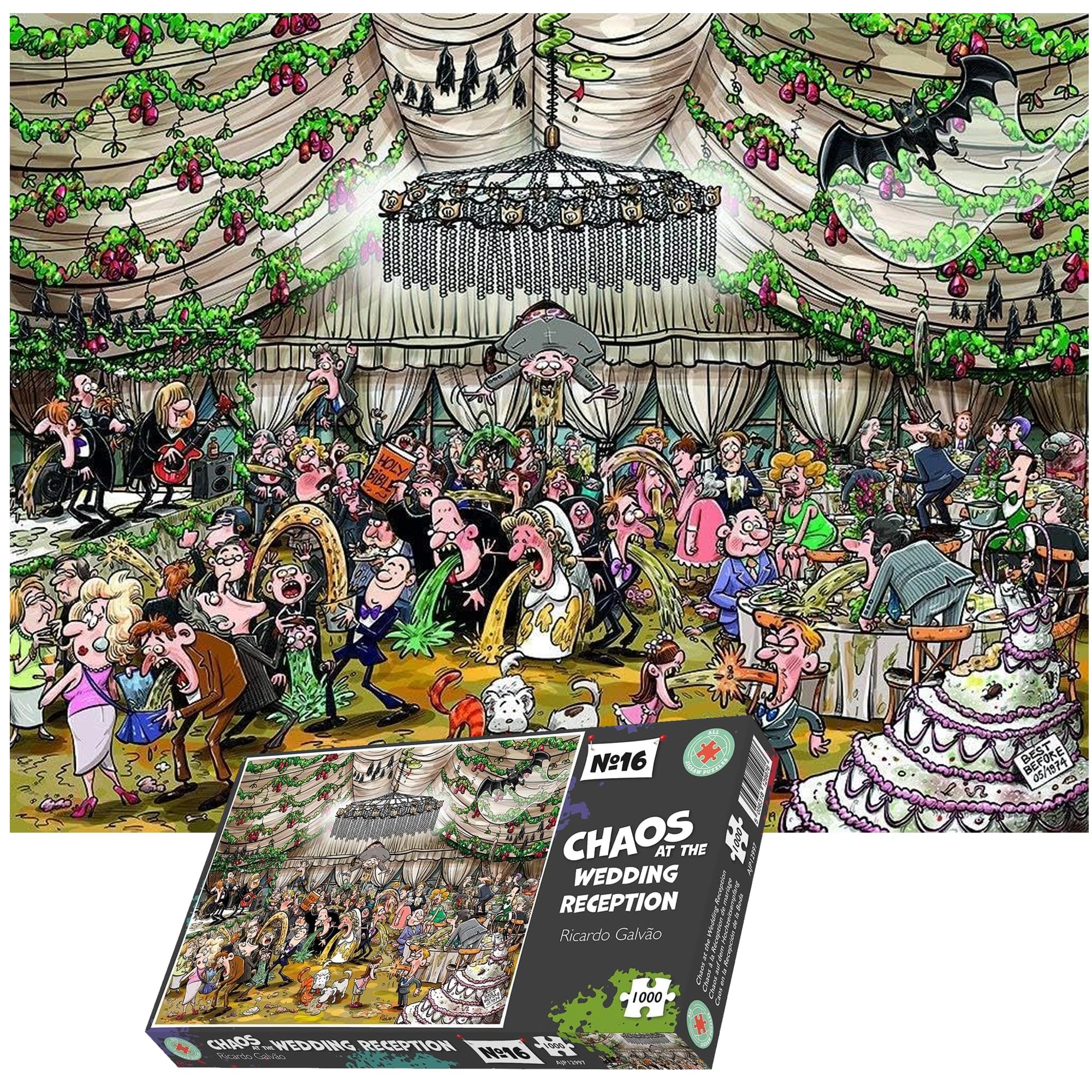 Chaos at the Wedding Reception 1000 Piece Jigsaw Puzzle Featuring Vomiting Guests, a Rotten Cake Mayhem on the Dance Floor Funny For Adults (66X50)