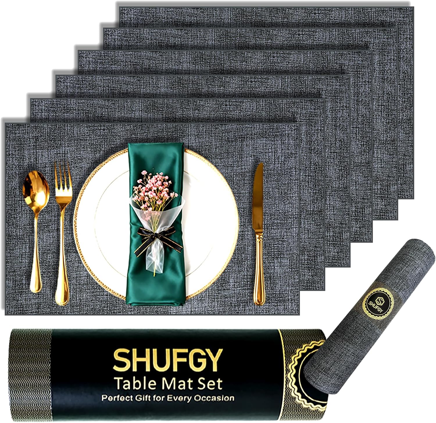 Faux Leather Placemats Set of 6, 11.8"x17.7" Reversible Placemats - Waterproof, Stain & Heat Resistant, Easy Clean for Dining, Gatherings, Outdoor (Dark Gray)