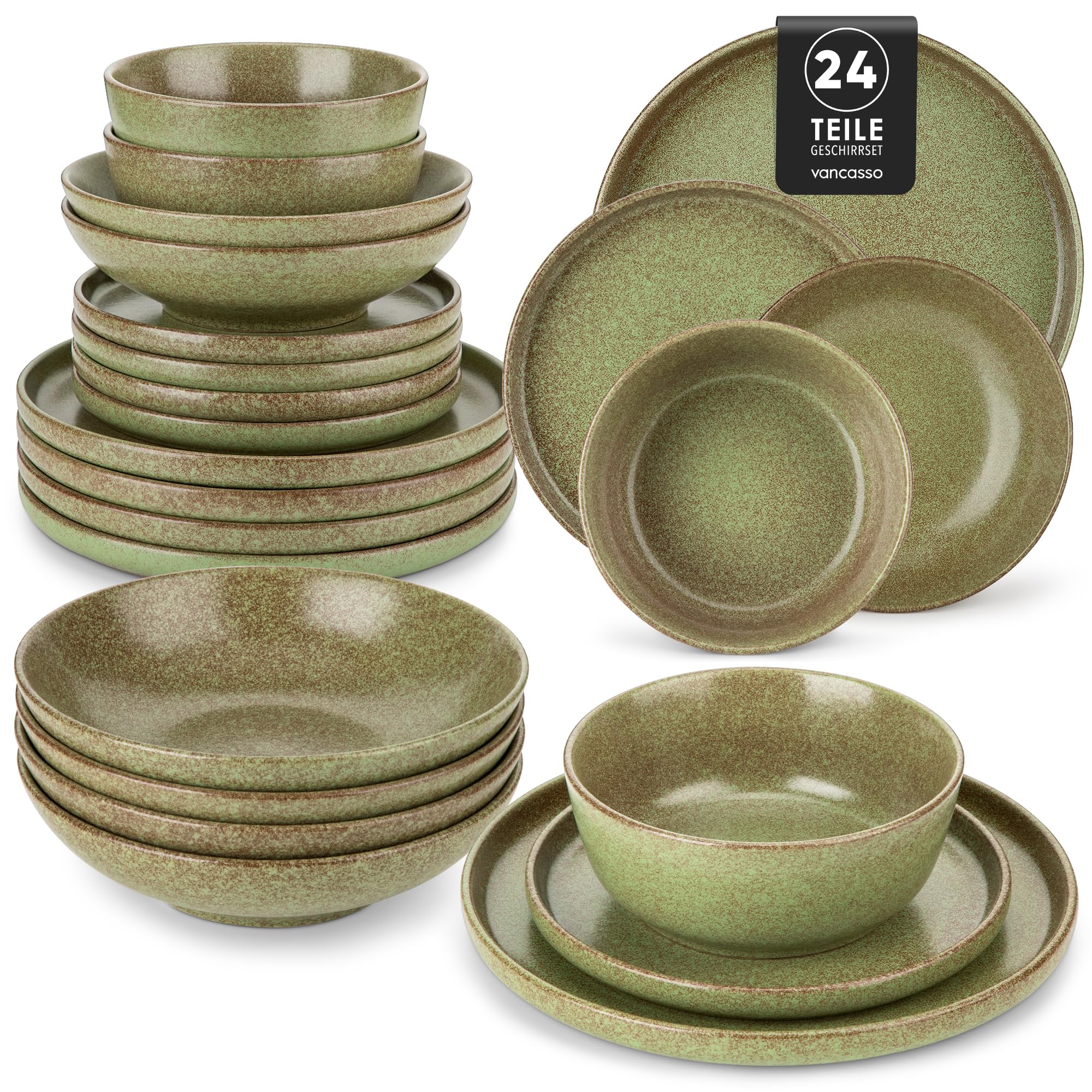 vancasso Zermatt 24 Pieces Dinner Set for 6, Reactive Glaze Stoneware Plates and Bowls Set, Green Crockery Set with Dinner Plates, Dessert Plates, Soup Bowls & Cereal Bowls