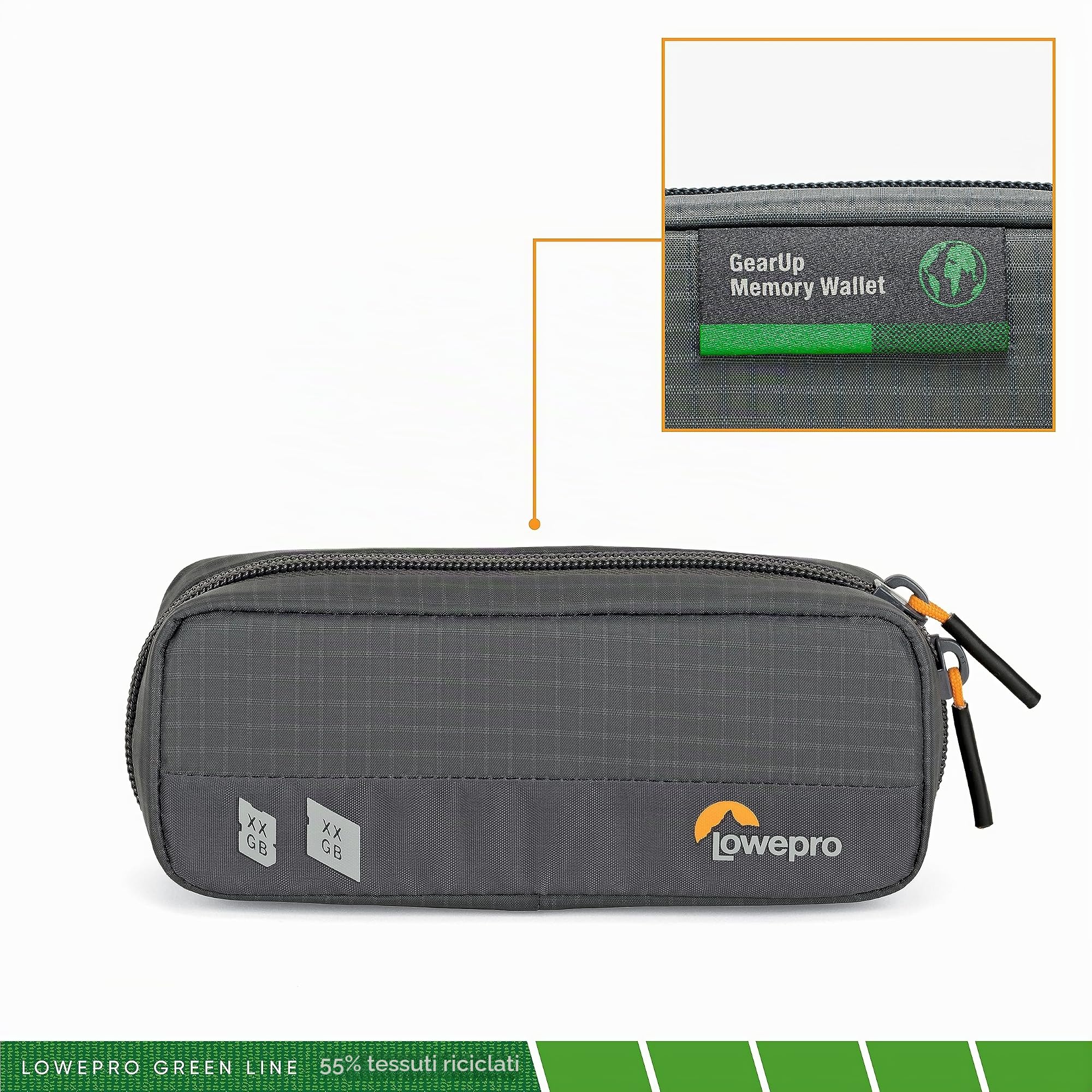 Lowepro GearUp Memory Wallet 20, Borsa Compatta per Schede di Memoria CF, XQD & SD, SD, Custodia con Doppia Chiusura a Cerniera, Realizzato con Tessuti Riciclati, Grigio