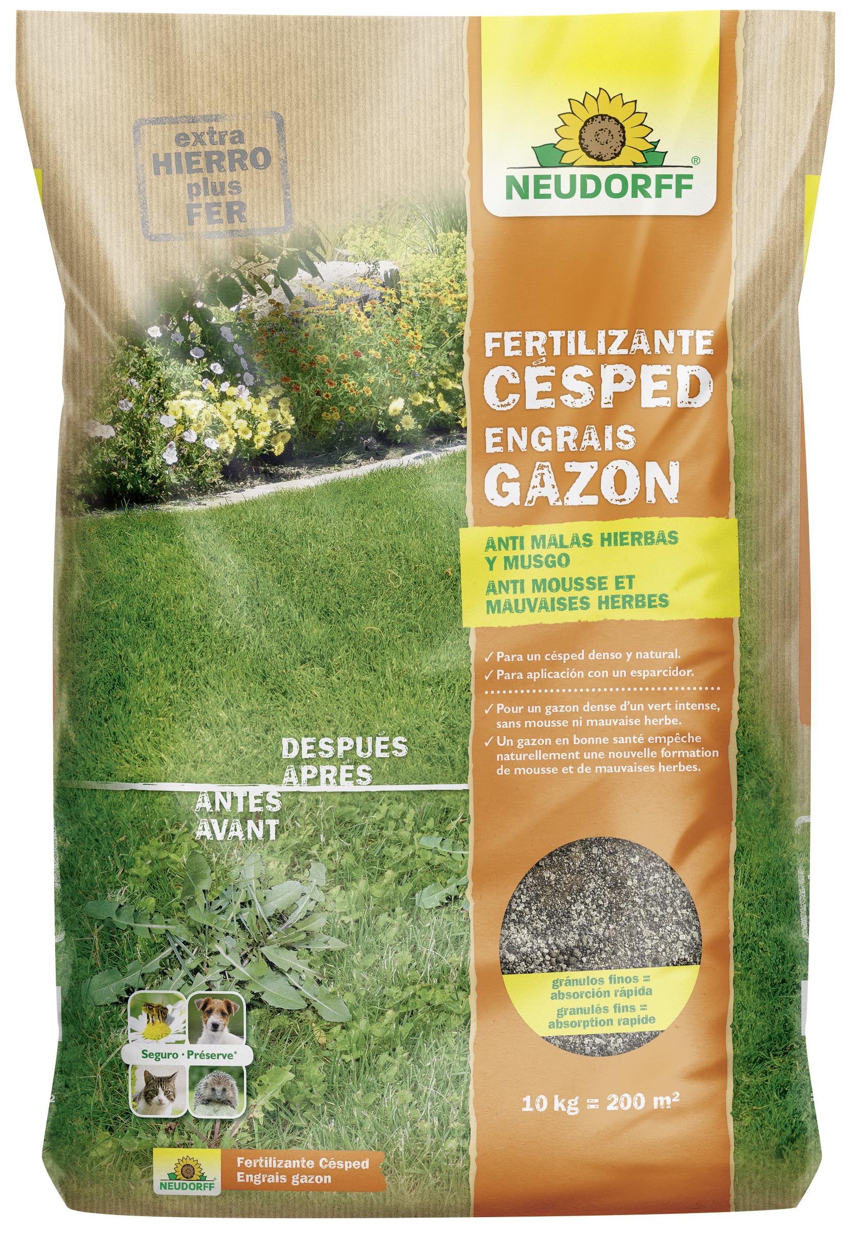 Neudorff Engrais Gazon Anti-Mousse et Mauvaises Herbes 10 kg pour 200 m² – Avec fer pour une pelouse dense, verte et résistante, action immédiate et longue durée