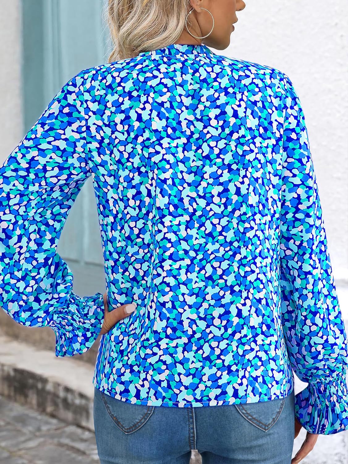 MASCOMODA Womens V Neck Floral Long Sleeve Tops 2026 Summer Casual Loose Puff Sleeve Chiffon Boho Work Blouse Dressy T Shirts - Image 3