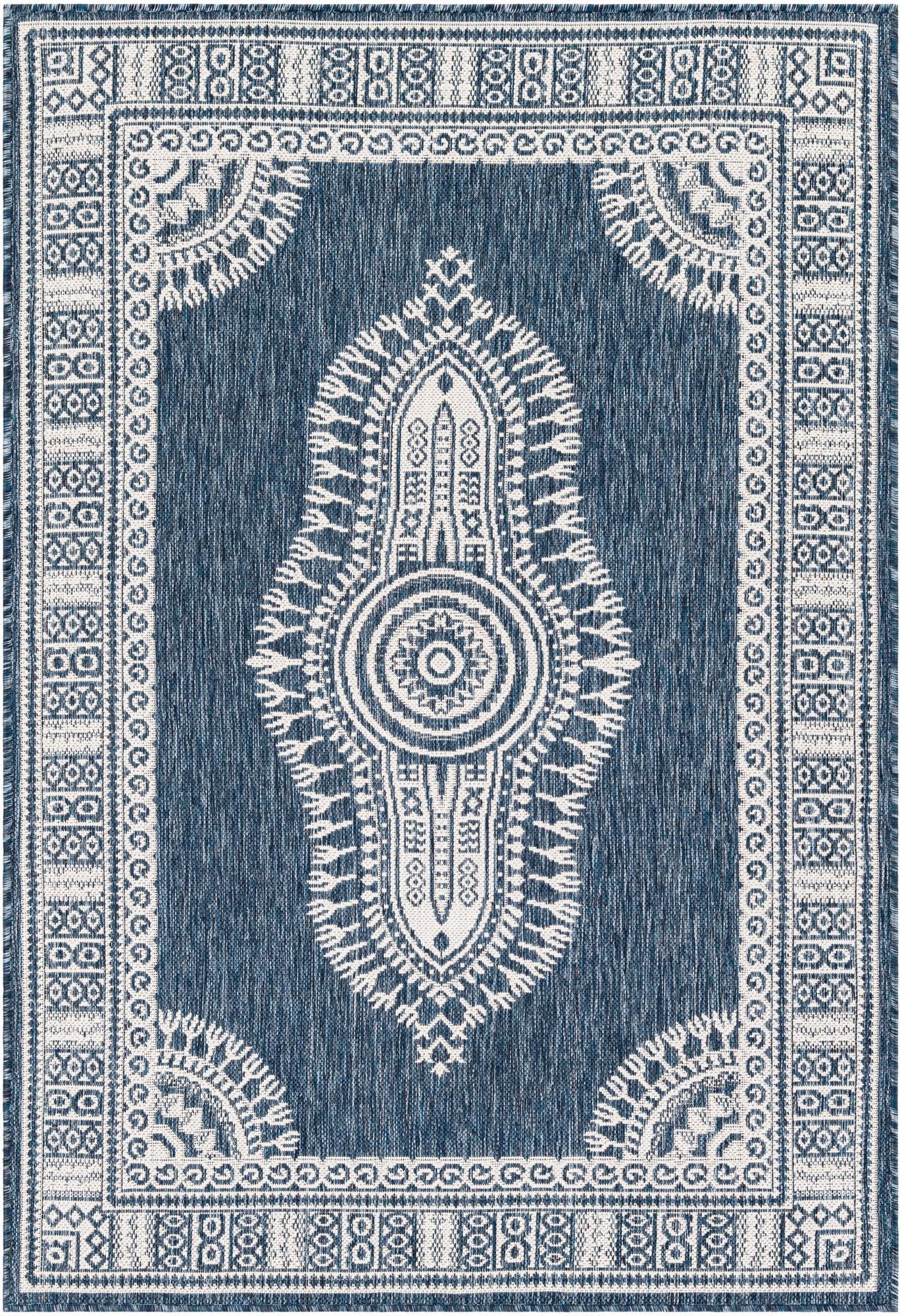 Rugs.com Outdoor Traditional Collection Rug – 4x6 Blue Flatweave-Pile Rug Perfect for Entryways, Kitchens, Breakfast Nooks, Accent Pieces