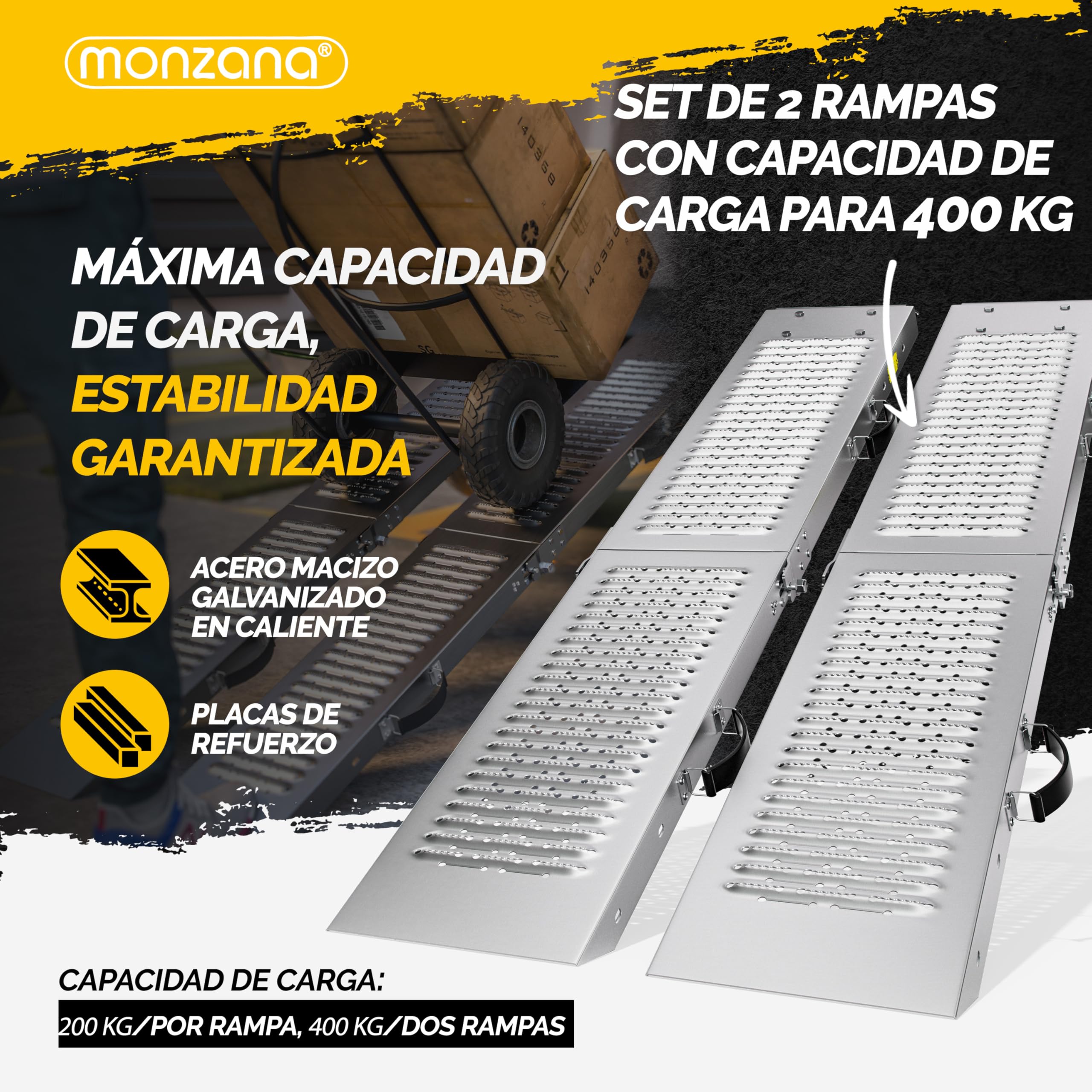 MONZANA® 2X Rampas para Coches Plegables 175cm Acero Galvanizado Carga Total 400kg Vehículos Motos Sillas de Ruedas Rieles Mecanismo Bloqueo Antideslizante Asas Remolque Furgoneta Quads Carretillas