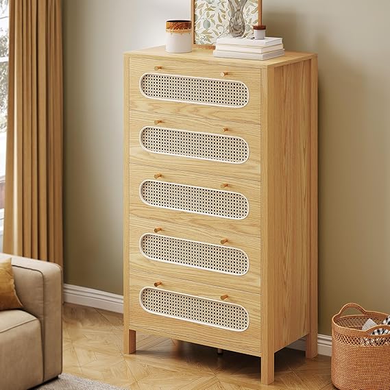 GOOBED Natural Rattan 5 Drawer Dressers Wooden Chest of Drawers with Golden Handles - Modern Large Boho Dressers Storage Cabinet for Living Room Hallway/Entryway Oak Nature