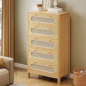 GOOBED Natural Rattan 5 Drawer Dressers Wooden Chest of Drawers with Golden Handles - Modern Large Boho Dressers Storage Cabinet for Living Room Hallway/Entryway Oak Nature