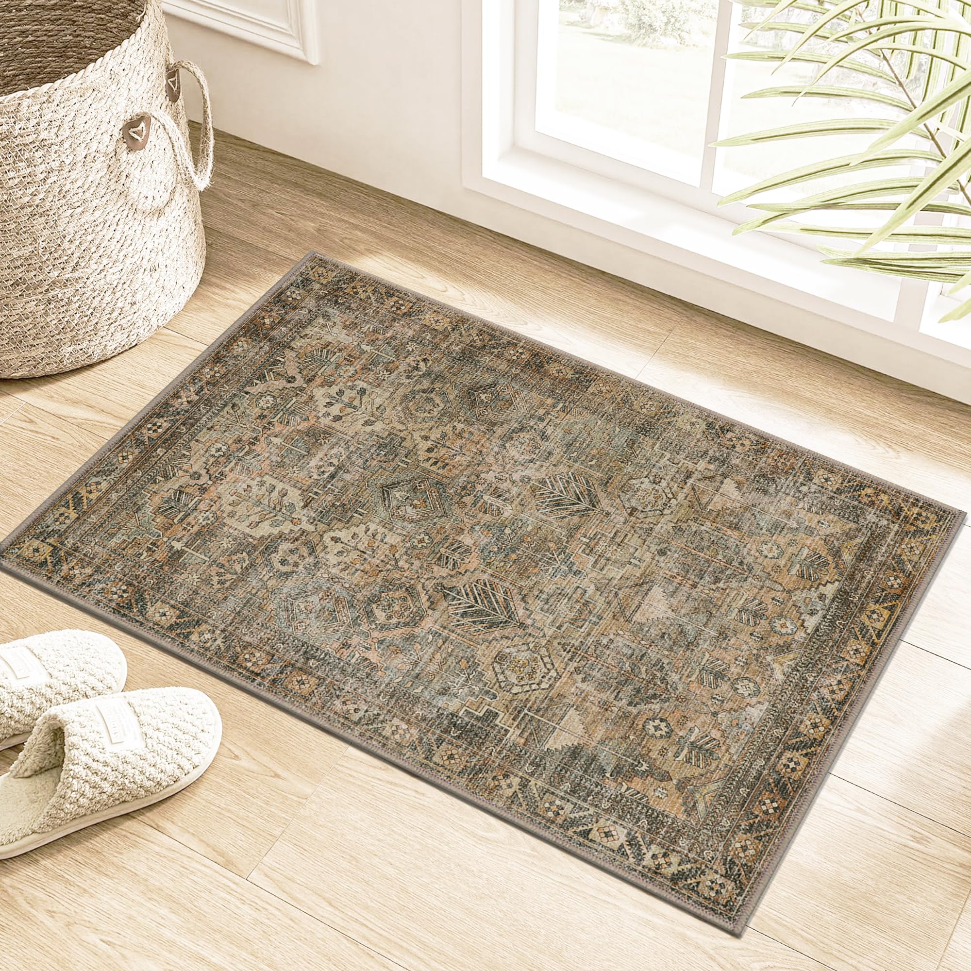 Area Rug 2x3 Machine Washable Vintage Distressed Print Small Ultra-Thin Chenille Entryway Bathroom Door Accent Rug, Low Pile Lightweight Non Slip with Gripper, Sage/Charcoal