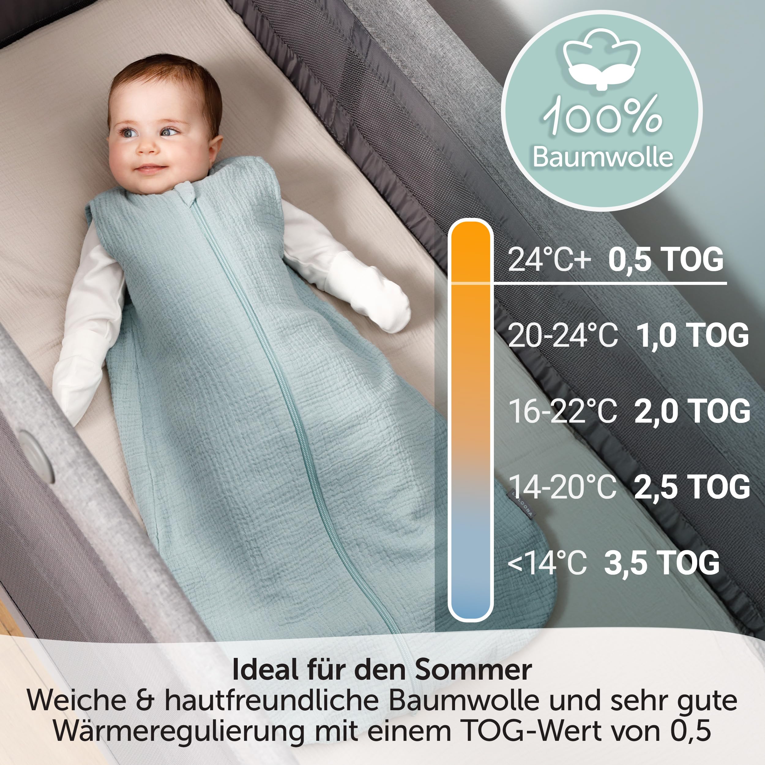 LaLoona Sommerschlafsack Mull, ärmellos - Leichter Baby Schlafsack ohne Ärmel für Sommer und Frühling, 0.5 TOG, 100% Baumwolle, ÖkoTex Standard 100