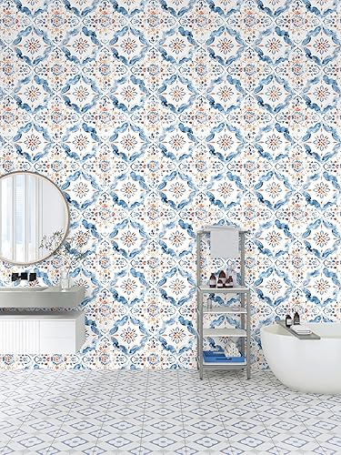 Miniatura 4 de HAOKHOME Papel tapiz geométrico para despegar y pegar, diseño de damasco floral azulblancorojo, papel de pared extraíble, decoración moderna del