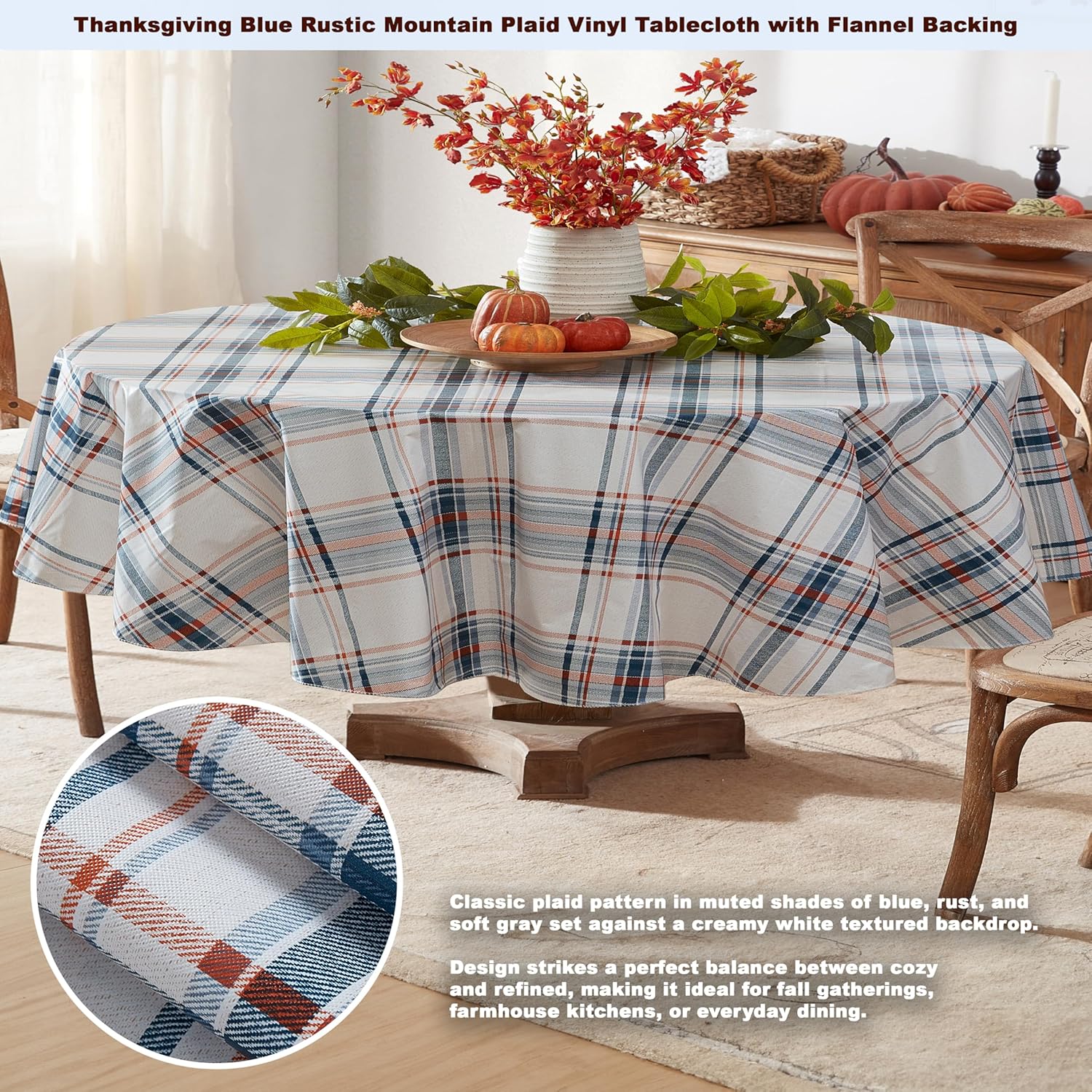 Newbridge Blue Rustic Mountain Plaid Vinyl Tablecloth with Flannel Backing, 60 x 84 Inch Oval – Stonewashed Blue & Rust Country Plaid Easy Care Dining Table Cover