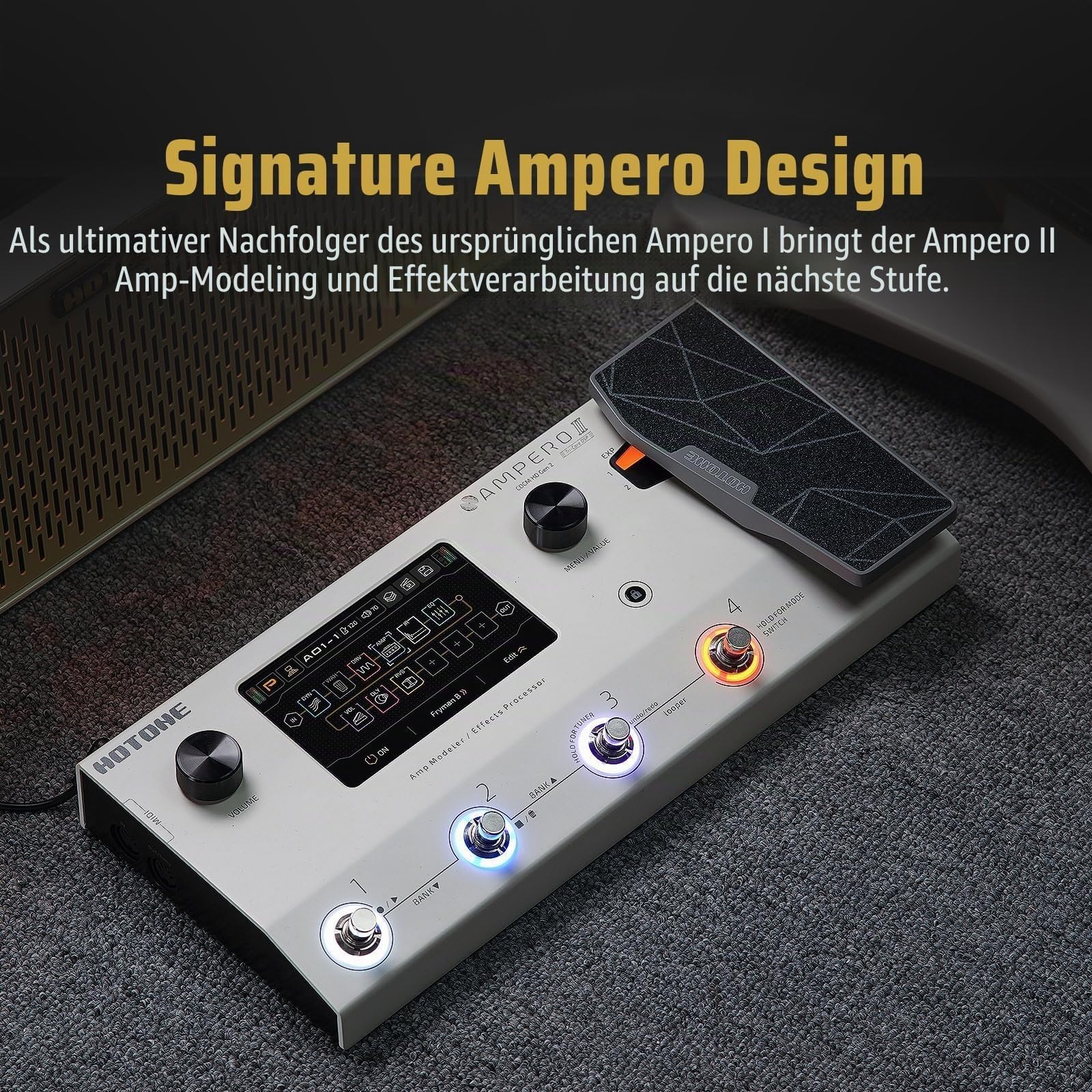 HOTONE Multi-Effektpedal-Dual-Effekt-Ketten mit Expression-Pedal, FX Loop, MIDI I/O Stereo, OTG, USB-Audio-Schnittstelle, Touchscreen, Ampero II (inklusive 10 zusätzlichen Fußschalter-Aufsätzen)