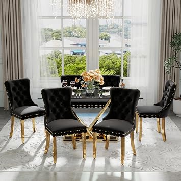Luxury Glass Dining Table Set for 6, 63 Rectangular Kitchen Table Set with 4 Black Velvet Tufted Dining Chairs & 1 Backrest Sofa Bench, Modern High-End Dining Room Table SetGold Base