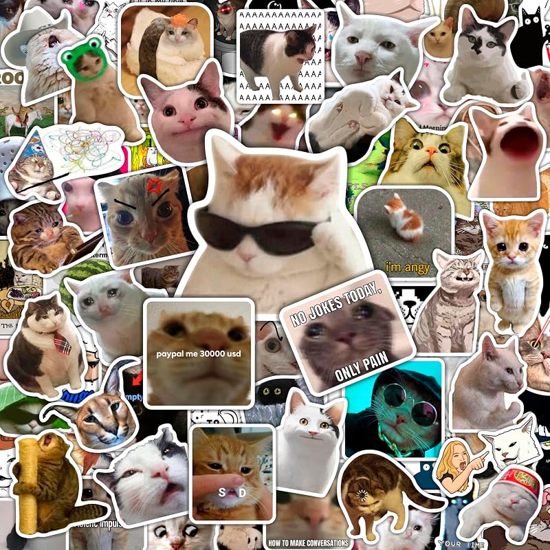 100Pcs Cat Meme Stickers for Water Bottle and Laptop - Waterproof Vinyl - Funny Cat Stickers, Gifts for Women & Men