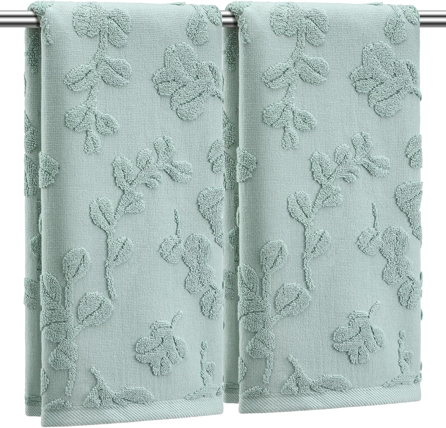 SmoothNovelty 2Pcs Eucalyptus Leaves Hand Towels for Bathroom 100% Cotton Jacquard Weave Bath Towel Set Absorbent Dish Washcloth for Bathroom Kitchen Summer Theme Gifts 13.8 x 29.5 Inch (Sage Green)