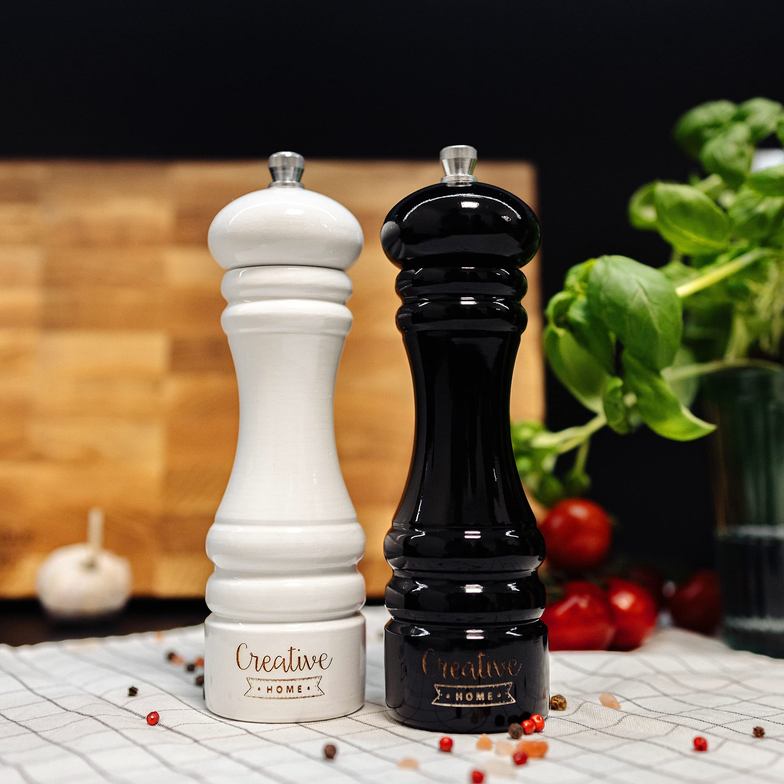 Creative Home Wooden Salt & Pepper Grinder Set - 7.08 Inch Beech Wood Mills With Mini Scoop
