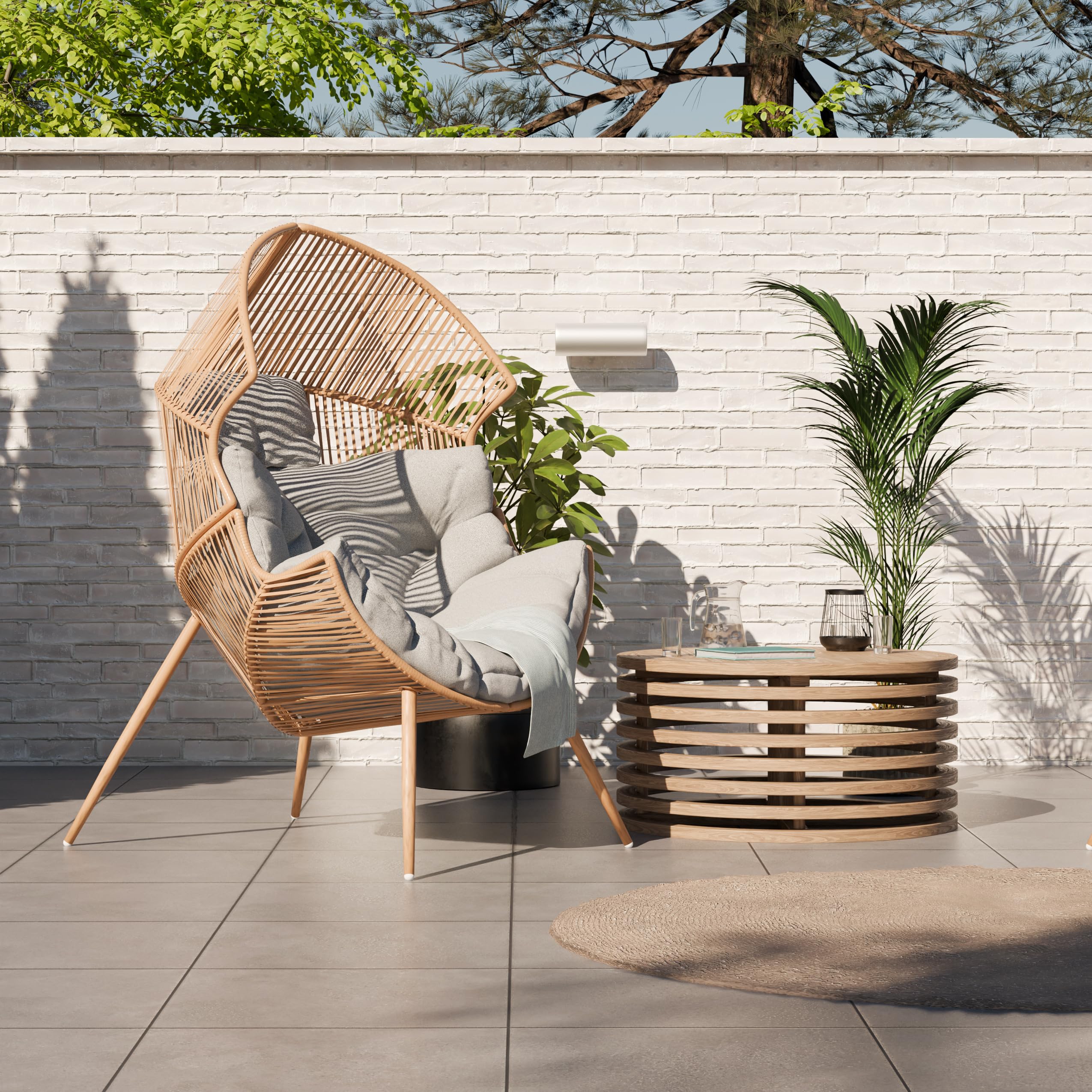 Summery, fotel rattanowy, odporny na warunki atmosferyczne, fotel ogrodowy z poduszką do siedzenia, fotel balkonowy, fotel wiklinowy na taras, poduszka odporna na działanie wody, szara, wyściełana