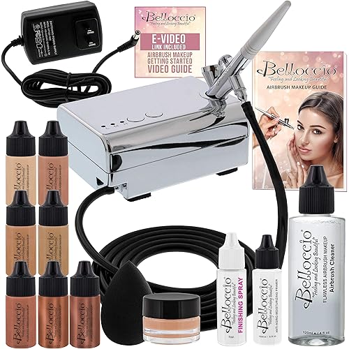 Belloccio Professional Beauty Airbrush Cosmetic Makeup System with 4 Medium Shades of Foundation in 1/4 Ounce Bottles - Kit Includes Blush, Bronzer and Highlighters