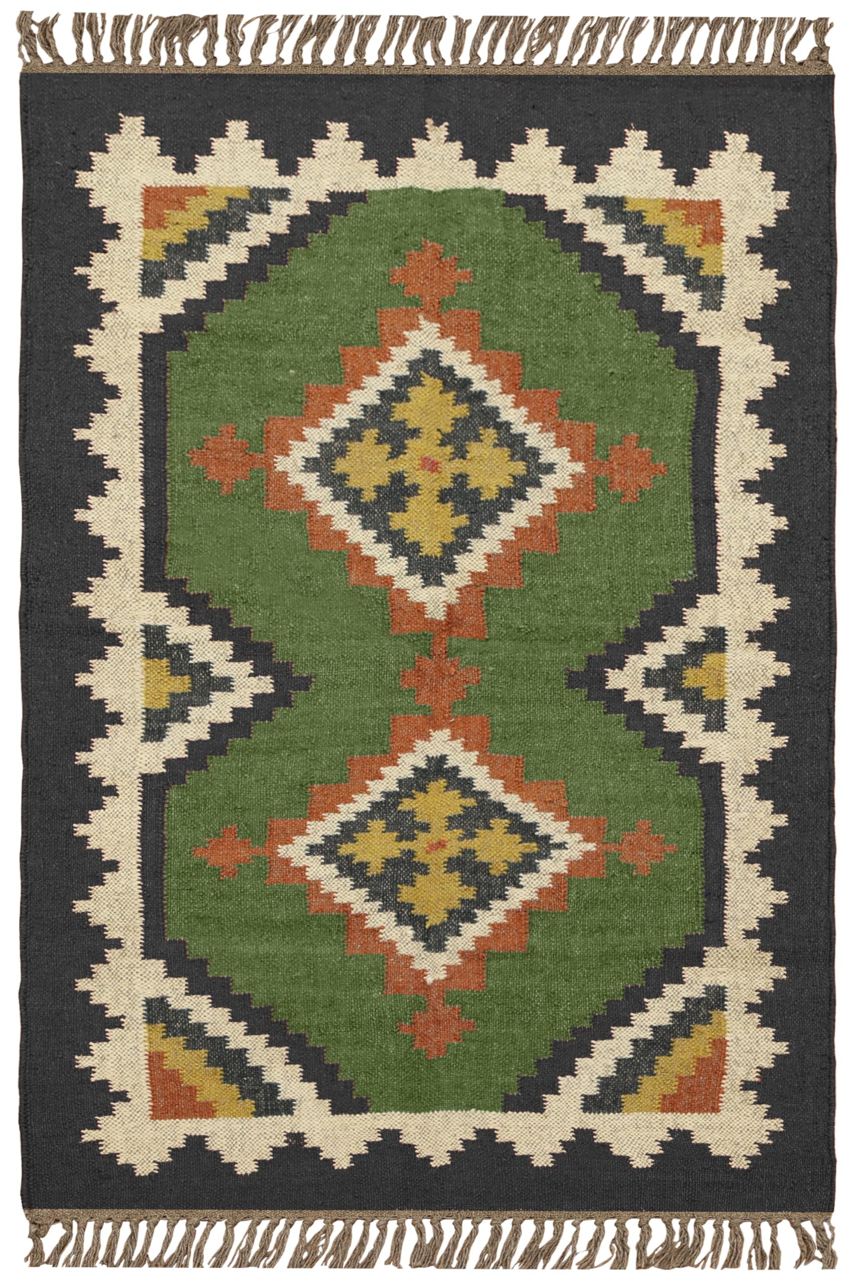 Tapis géométrique en jute naturelle vert à 5 carrés tissé main