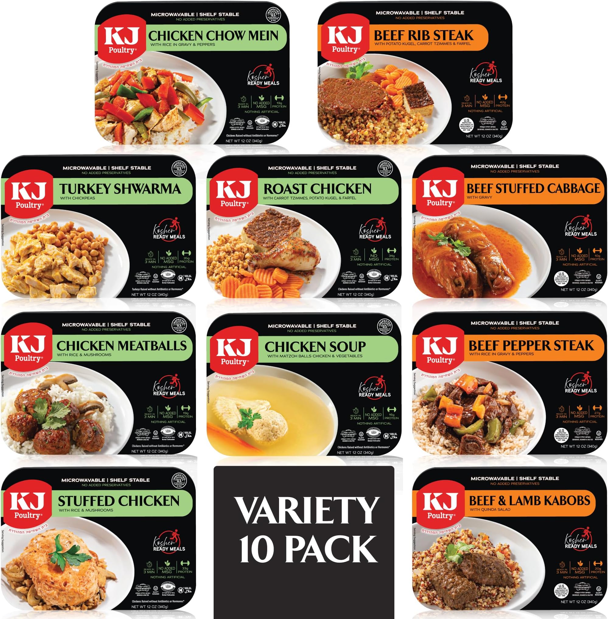 KJ Poultry Kosher Ready Meals - (10 Pack Variety - Beef, Chicken & Turkey) Prepared Entree Fully Cooked, Shelf Stable Microwave Dinner Travel Military Camping Emergency Survival Protein