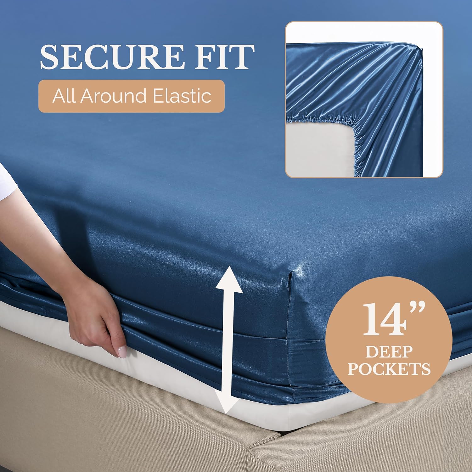 Casa Platino Satin Sheets Cal King Size - Smooth Cal King Sheets with 15 Inch Deep Pocket Fit, Silky Soft, Great for Hot Sleepers, Helps with Hair Protection, Wrinkle-Resistant - Dark Blue