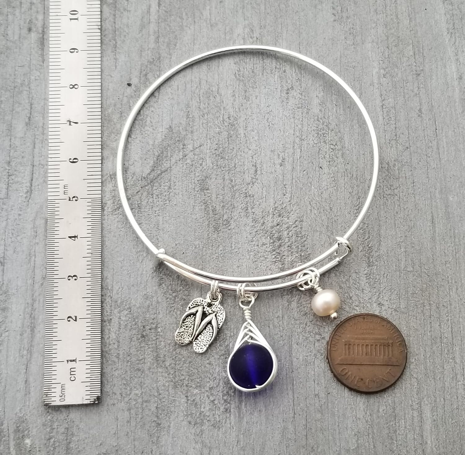 Hawaii Handmade Sea Glass Bracelet, Wire Wrapped Cobalt Bracelet, Island Life Flip Flop Charm, Natural Pearl, Beach Bracelet, Birthday Gift (September Birthstone)