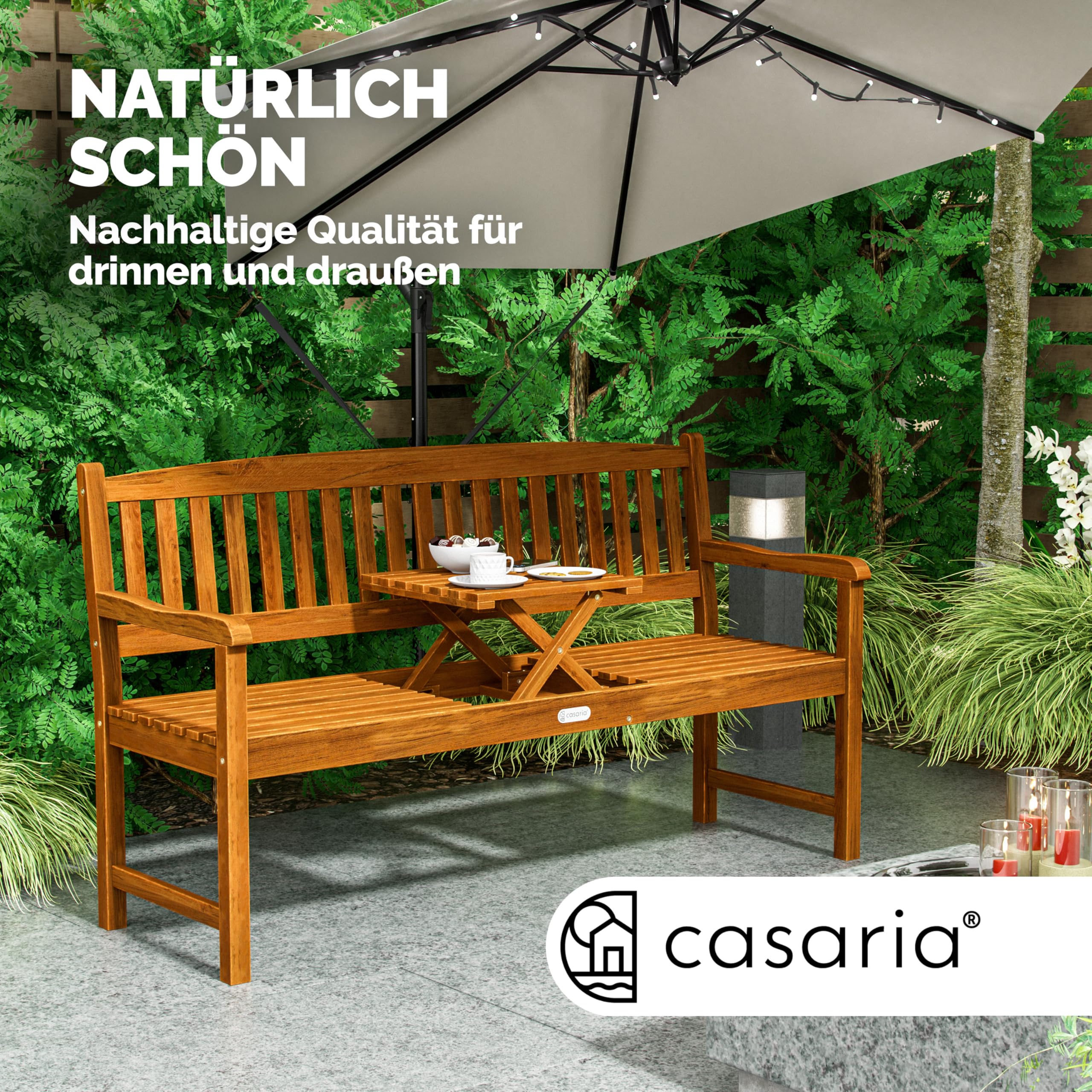 Casaria® Gartenbank FSC®-Zertifiziert Wetterfest | 153x57cm, Holz, 480kg Belastbarkeit, 3-Sitzer, Armlehne, Rückenlehne, Garten, Balkon, Eukalyptus, braun