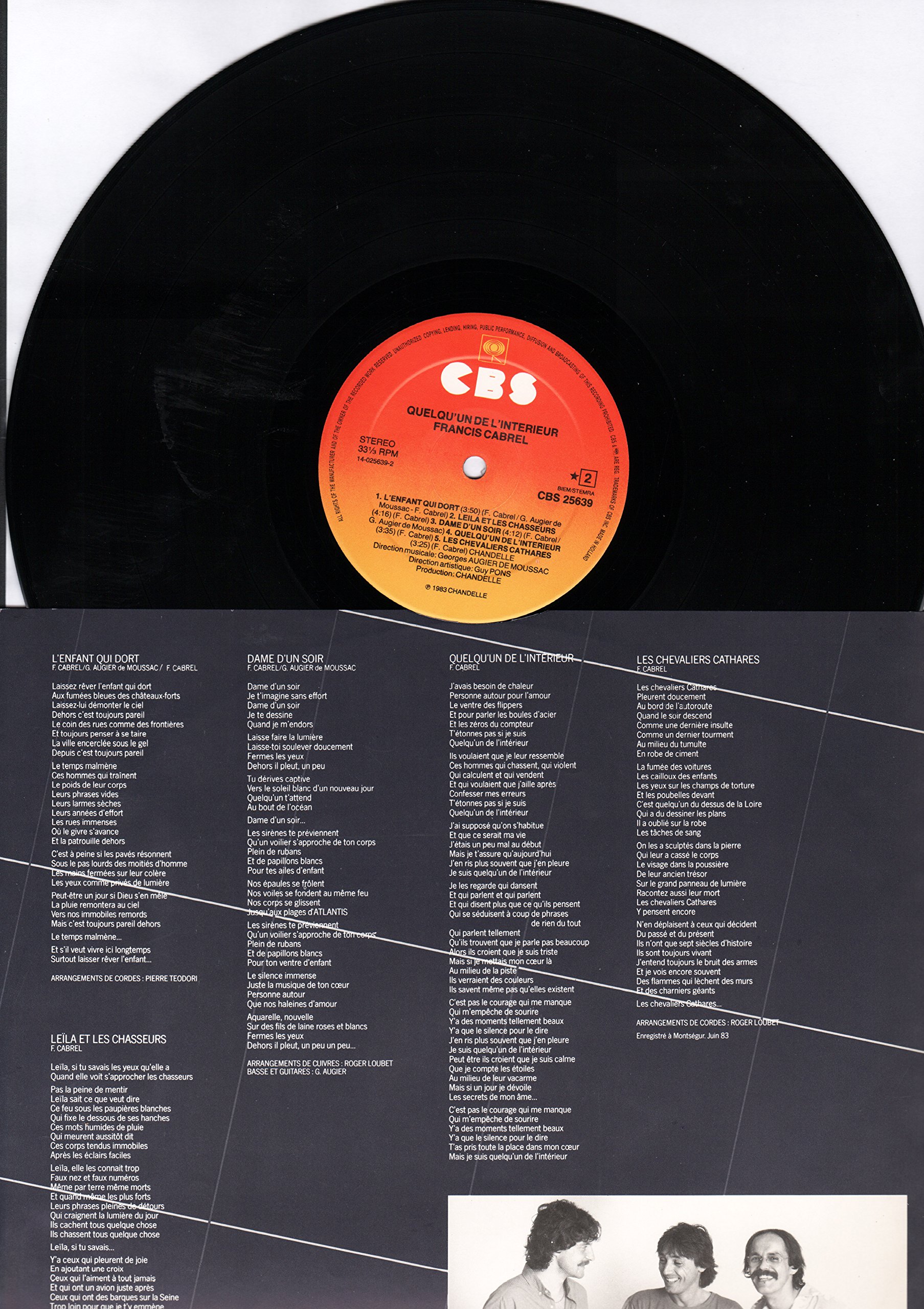 Quelqu’un de l’intérieur album 33 tours CBS 25639 , 1983 – Question d’équilibre – La fille qui m’accompagne – Le temps s’en allait – Edition spéciale – Saïd et Mohamed – L’enfant qui dor