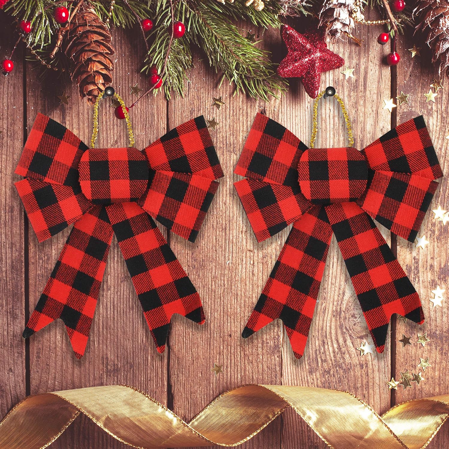JOYIN 18 Loop Flannel Bows 5.5''x 6.5'' Red & Black Buffalo Plaid Bows for Holiday Decorations, Indoor, and Outdoor Farmhouse Xmas Ornament Decor