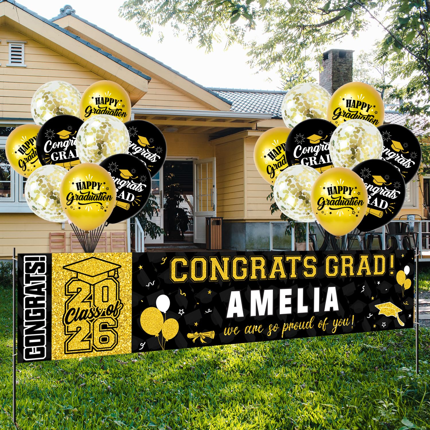 Photo 1 of Graduation Party Decorations, Gold Black Personalized Class of 2026 Graduation Banner with 78 Alphabet Stickers and Balloons, Congrats Banner for College High School Party Supplies