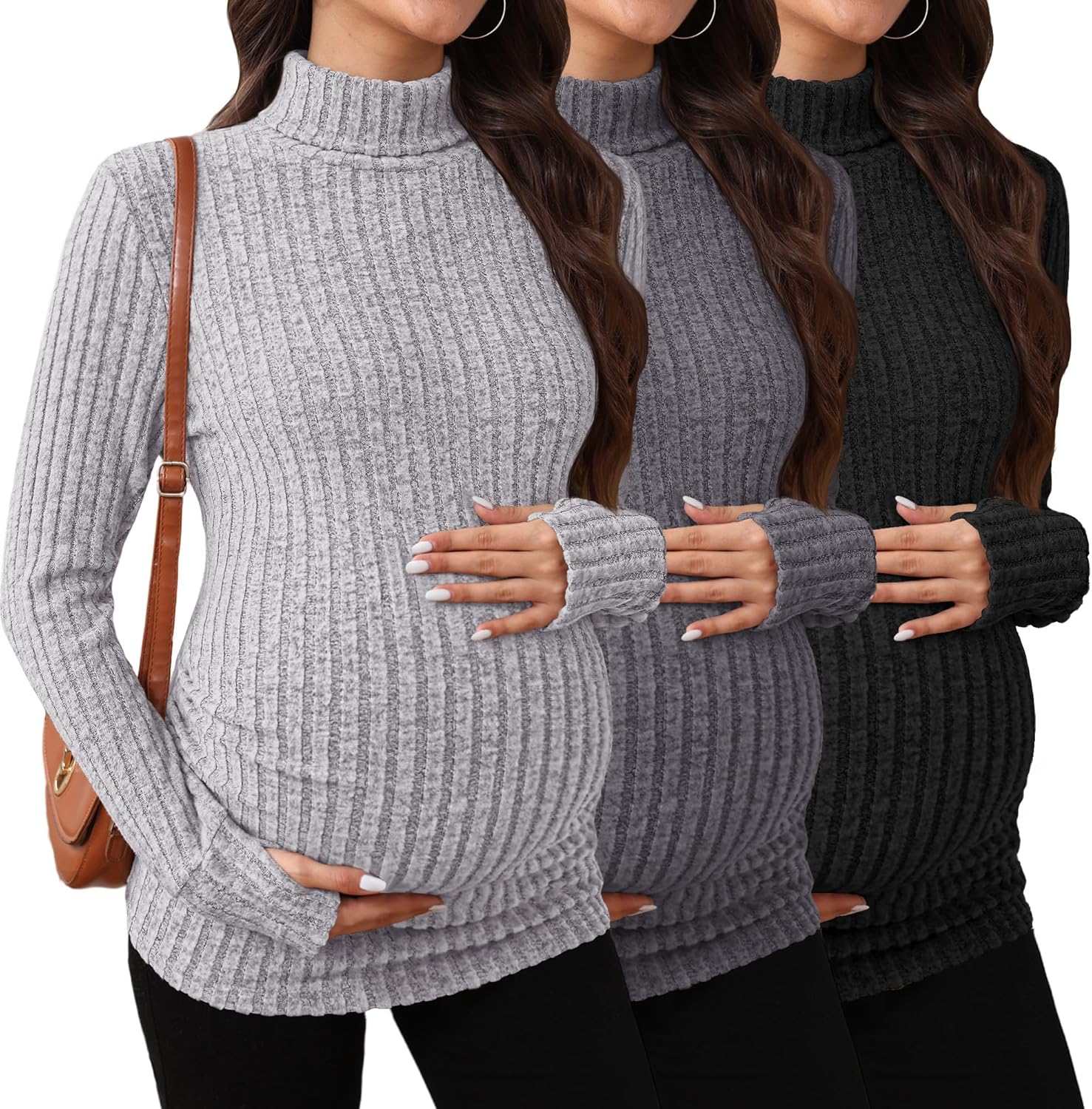 3 Pack Maternity T-Shirts Pregnancy Tops Women Sweater Long Sleeve Turtleneck Ribbed Finger Sleeve Outfits