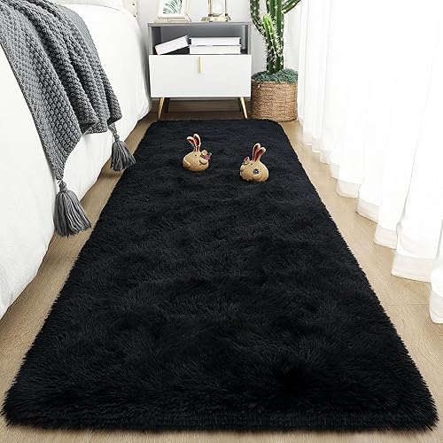 Tepook Alfombras suaves para dormitorio de 2 x 6 pies con respaldo de goma, alfombras negras esponjosas para sala de estar, alfombra de noche peluda