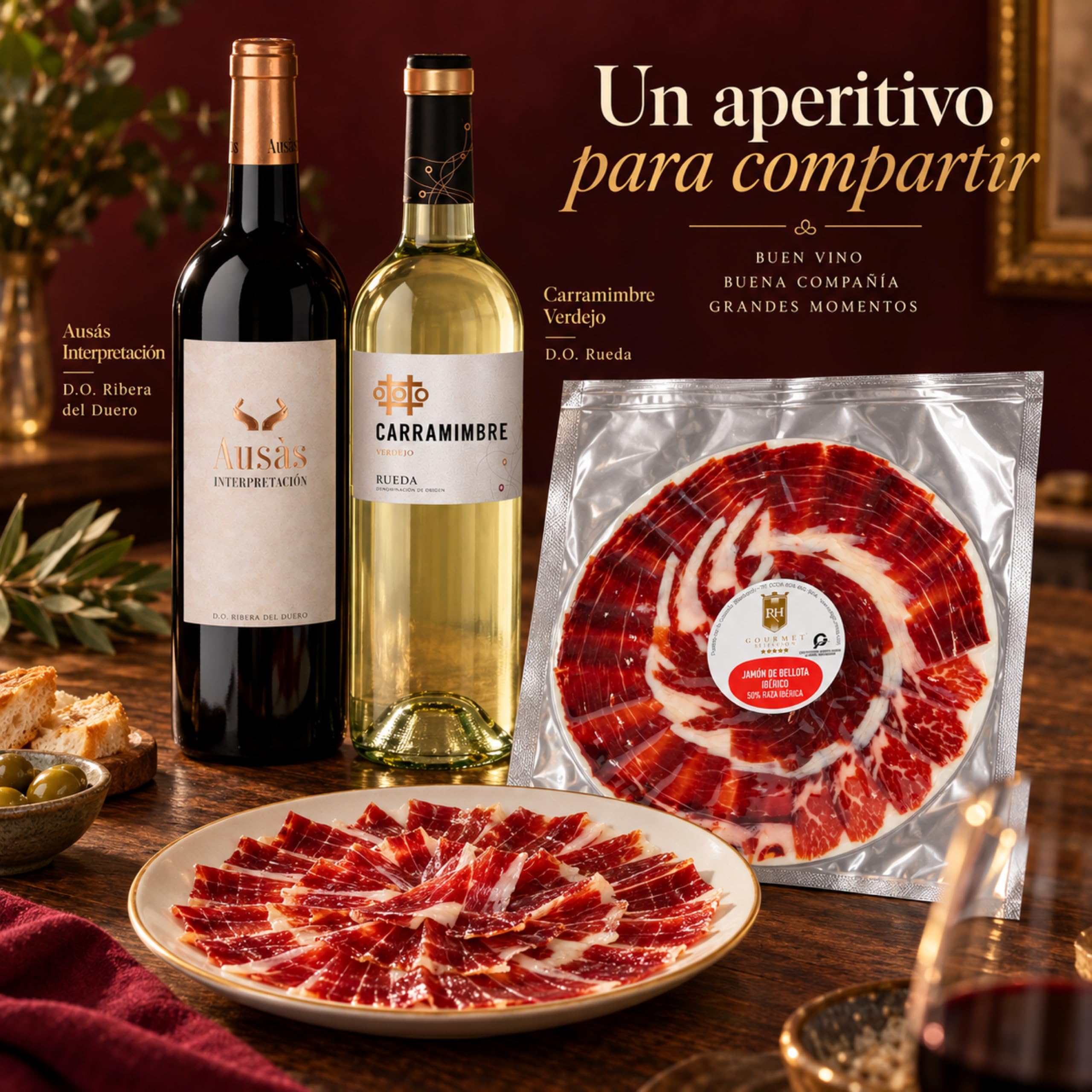Cesta gourmet Navidad Ausás Interpretación y Carramimbre Verdejo con jamón de bellota ibérico 50% corte a cuchillo 100 g RH Gourmet, pack de 2 botellas 75 cl