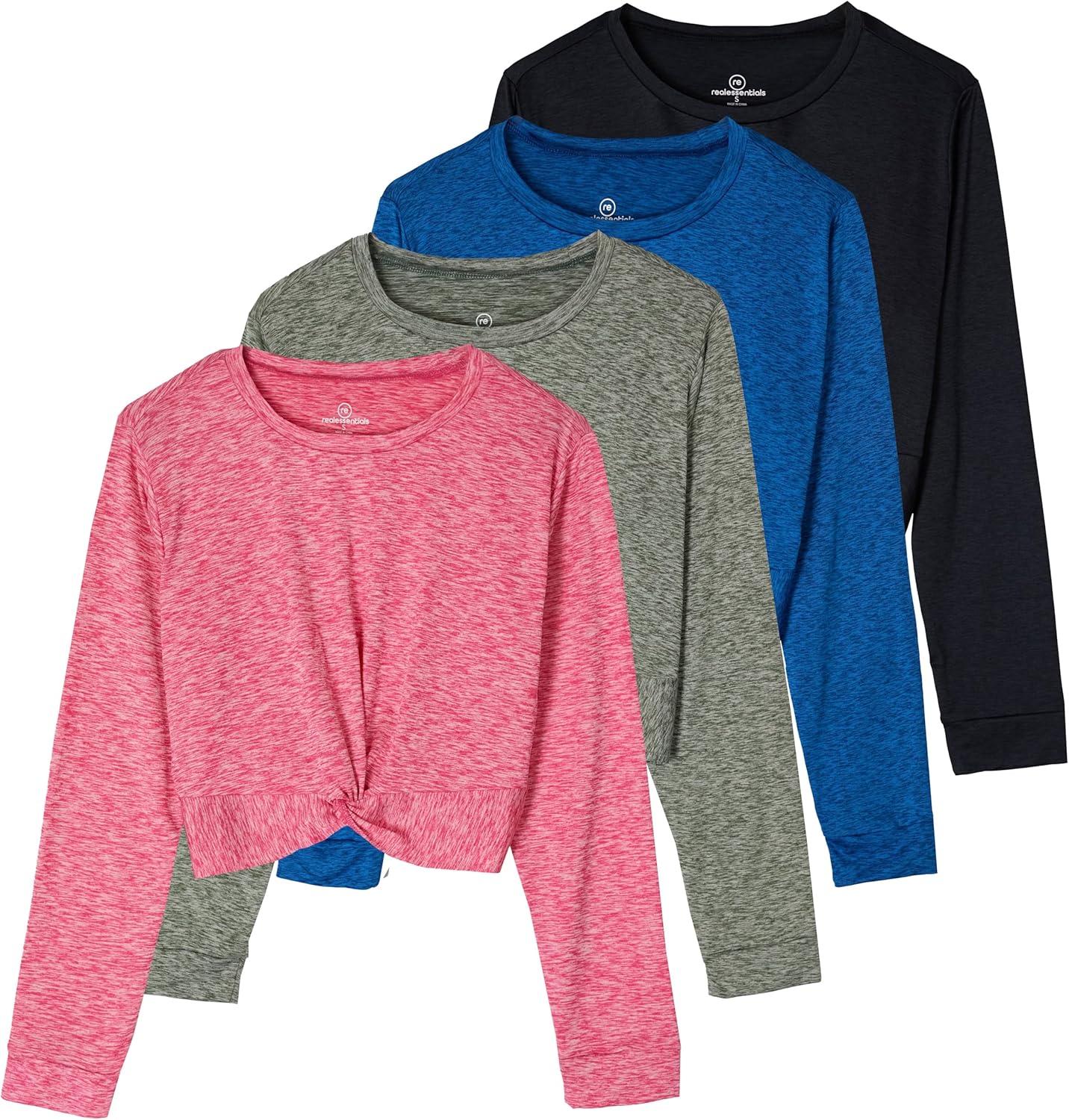 Real Essentials 4 Pack: Women's Dry-Fit Long-Sleeve Twist Front T-Shirt - Athletic Workout Yoga Tops (Available in Plus Size)
