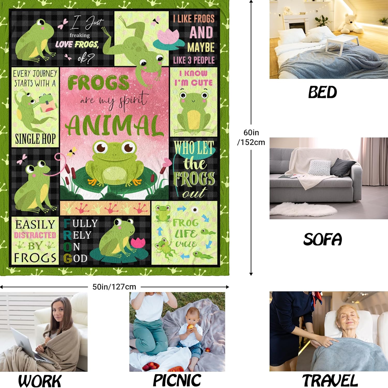 QOJUYO Frog Gifts for Women/Men Throw Blanket 60"x50", Frog Themed Gifts for Frogs Lover - Image 2