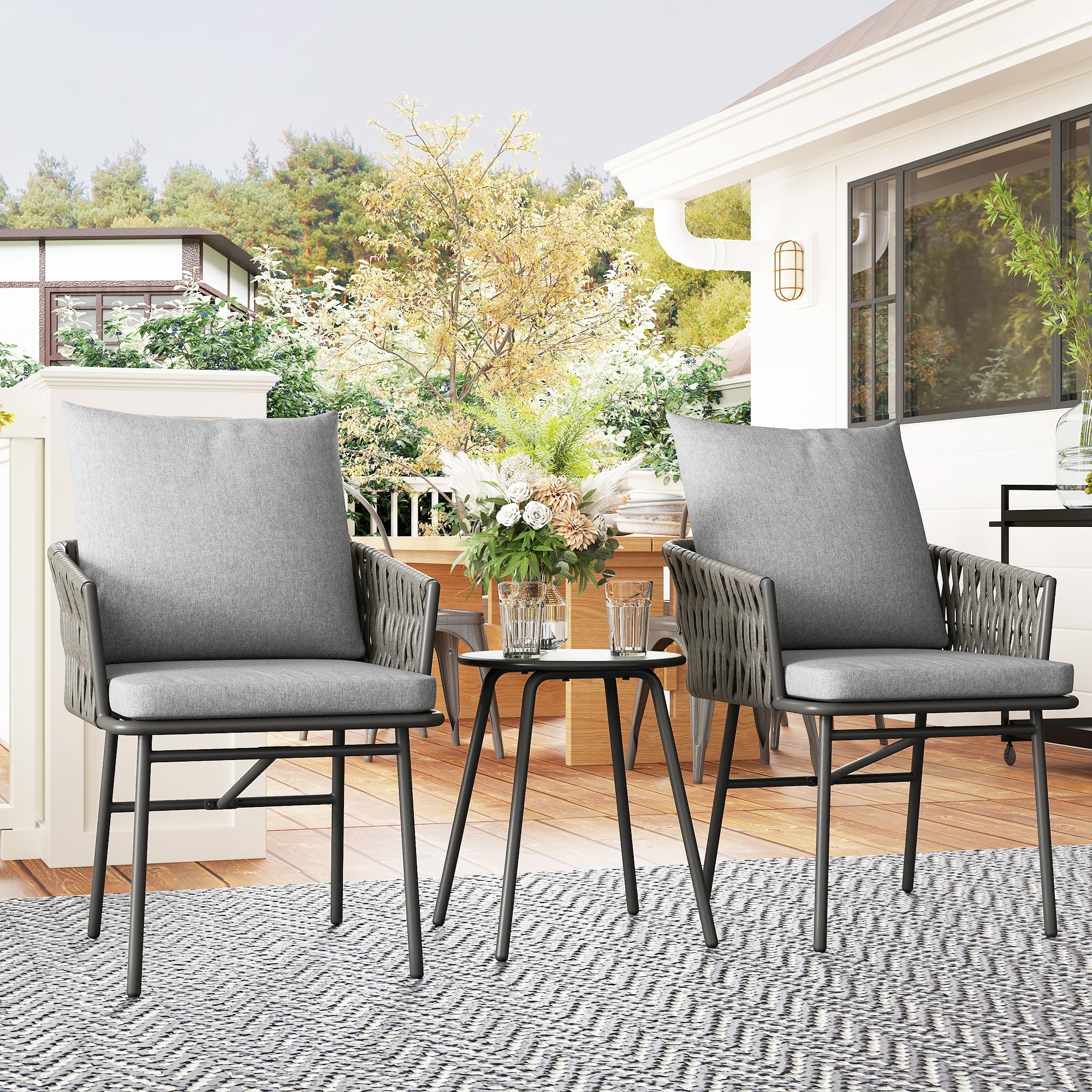 Outsunny 3-TLG. Rattan Bistroset Sitzgruppe 2 Gartensessel Couchtisch Grau
