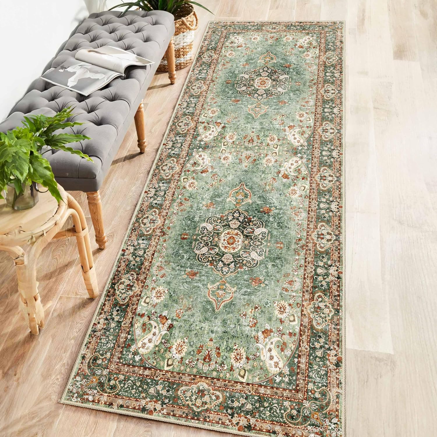 Green Floral 2' x 6' Washable Non-Slip Runner Rug