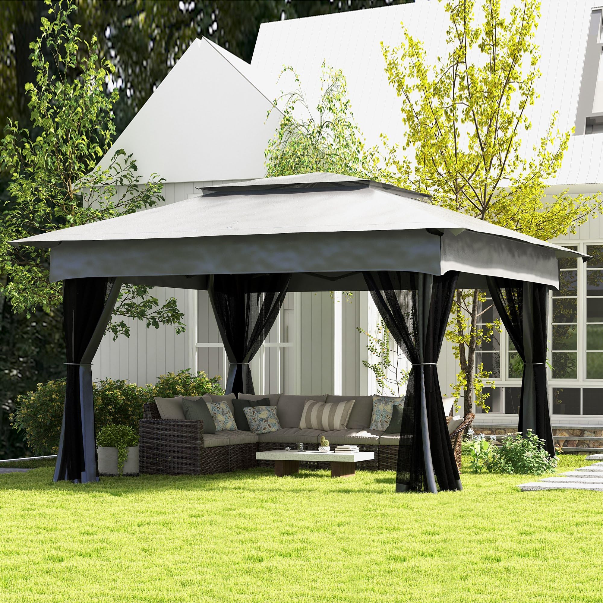 Outsunny Tonnelle de Jardin Exterieur Pop-up barum Pliant, 3 x 3 m, Métal Polyester, imperméabilisé Anti UV, moustiquaires + Sac de Transport, Gris