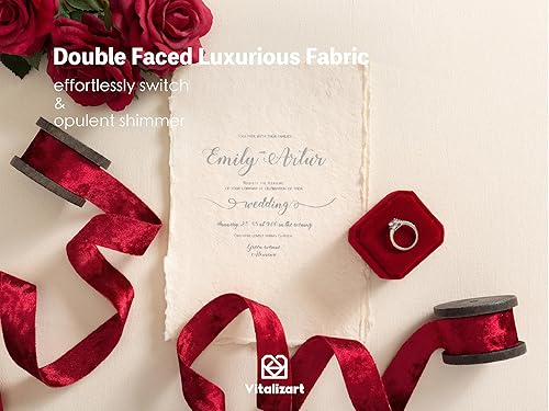 Miniatura 4 de Vitalizart - Juego de Cinta de Terciopelo 1" x 9 Yardas en Carrete de Madera Rojo - Cintas de Terciopelo de Lujo Doble Cara para Decoración de Árbol