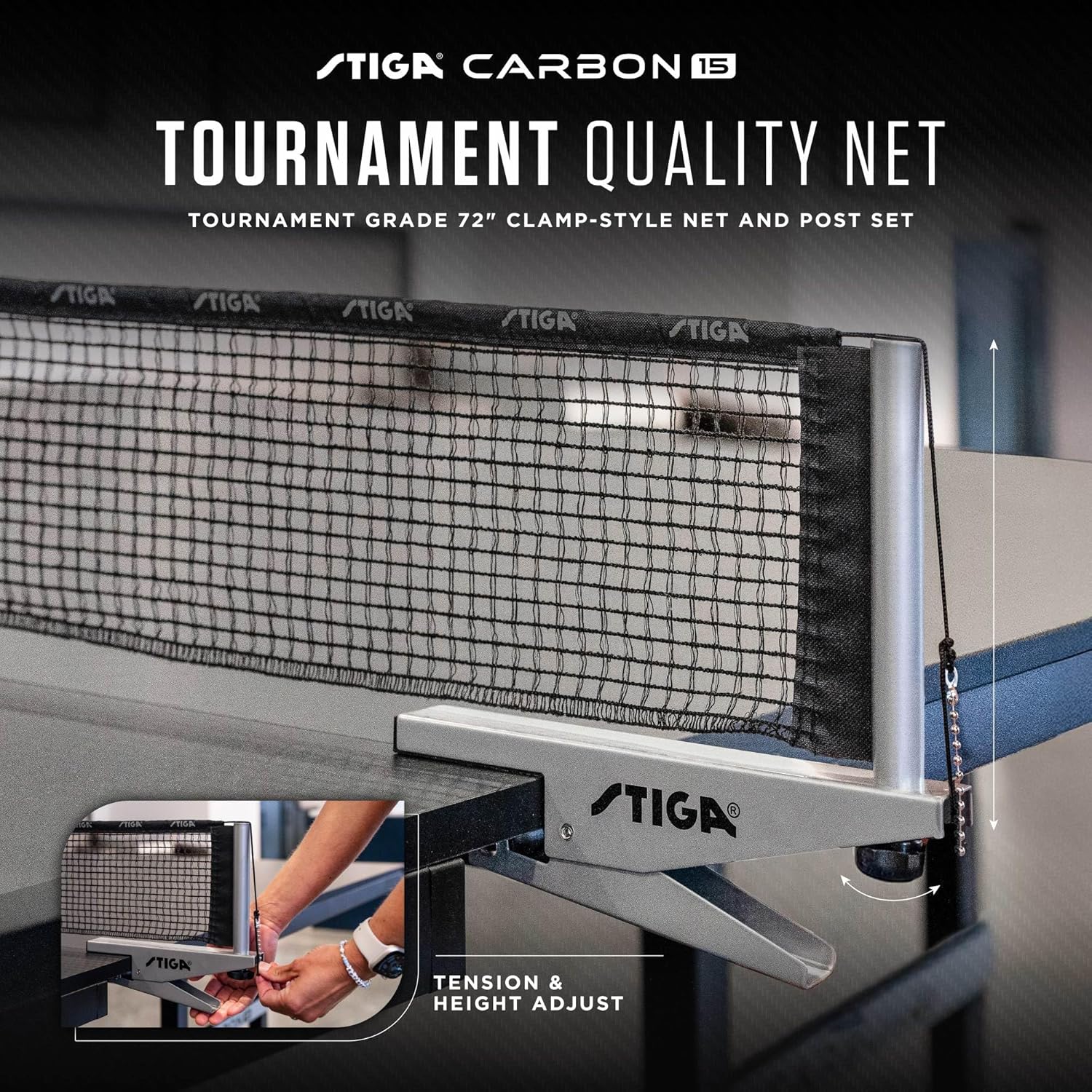 STIGA Carbon Series Indoor Table Tennis Table with 15mm - 18mm Performance Top, QuickPlay Assembly, Built-in Ball Storage, Foldable Playback Mode & Lockable Casters