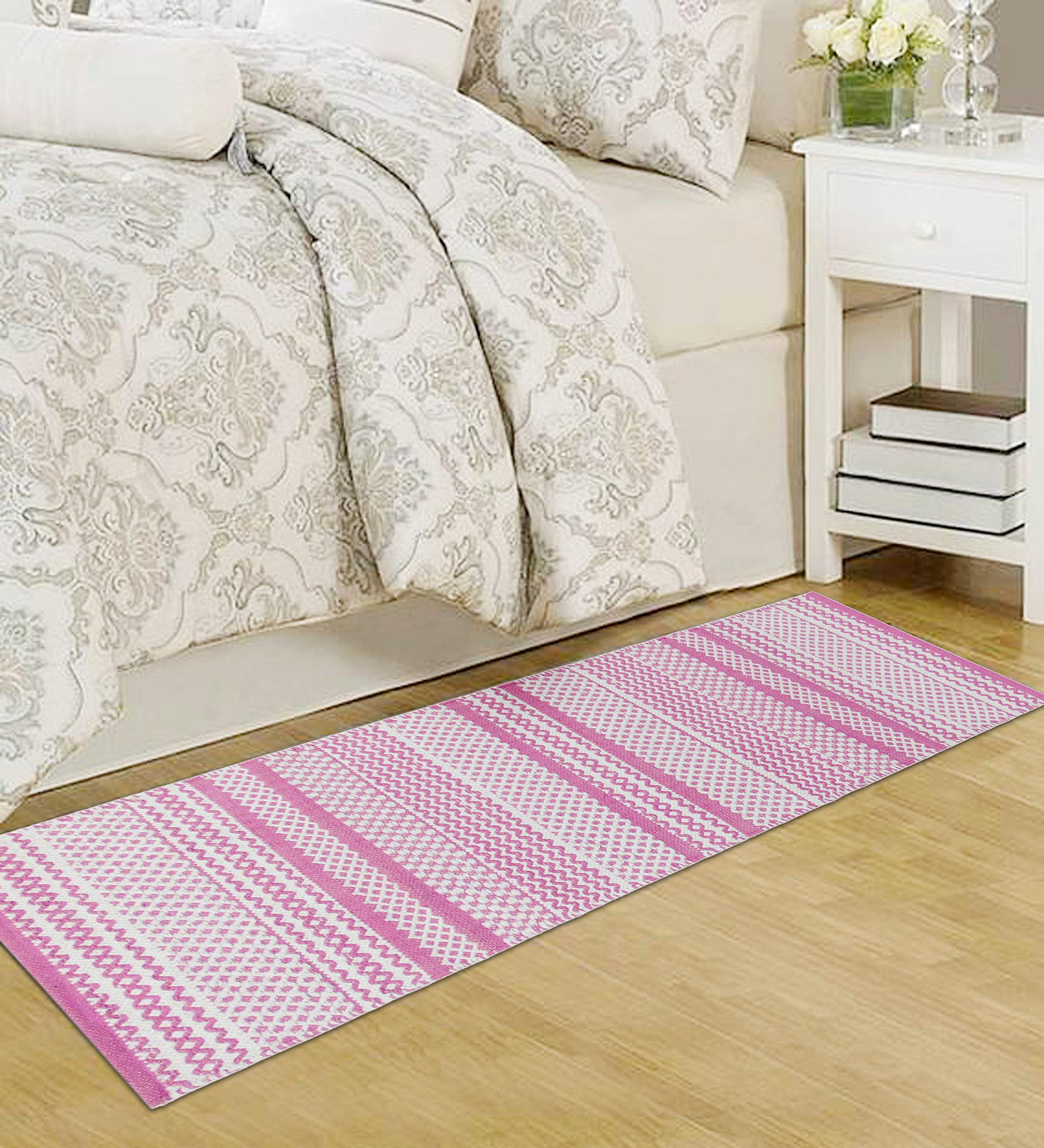 MDZ® Hand Woven 100% Cotton Designer Striped Rug, Bed Side Runner for Bedroom, Living Room, Passage, Style - Modern, Size - 45 x 130 cm | Eco Friendly (Pink White) (B08TPBVTZW) Amazon Price History, Amazon Price Tracker
