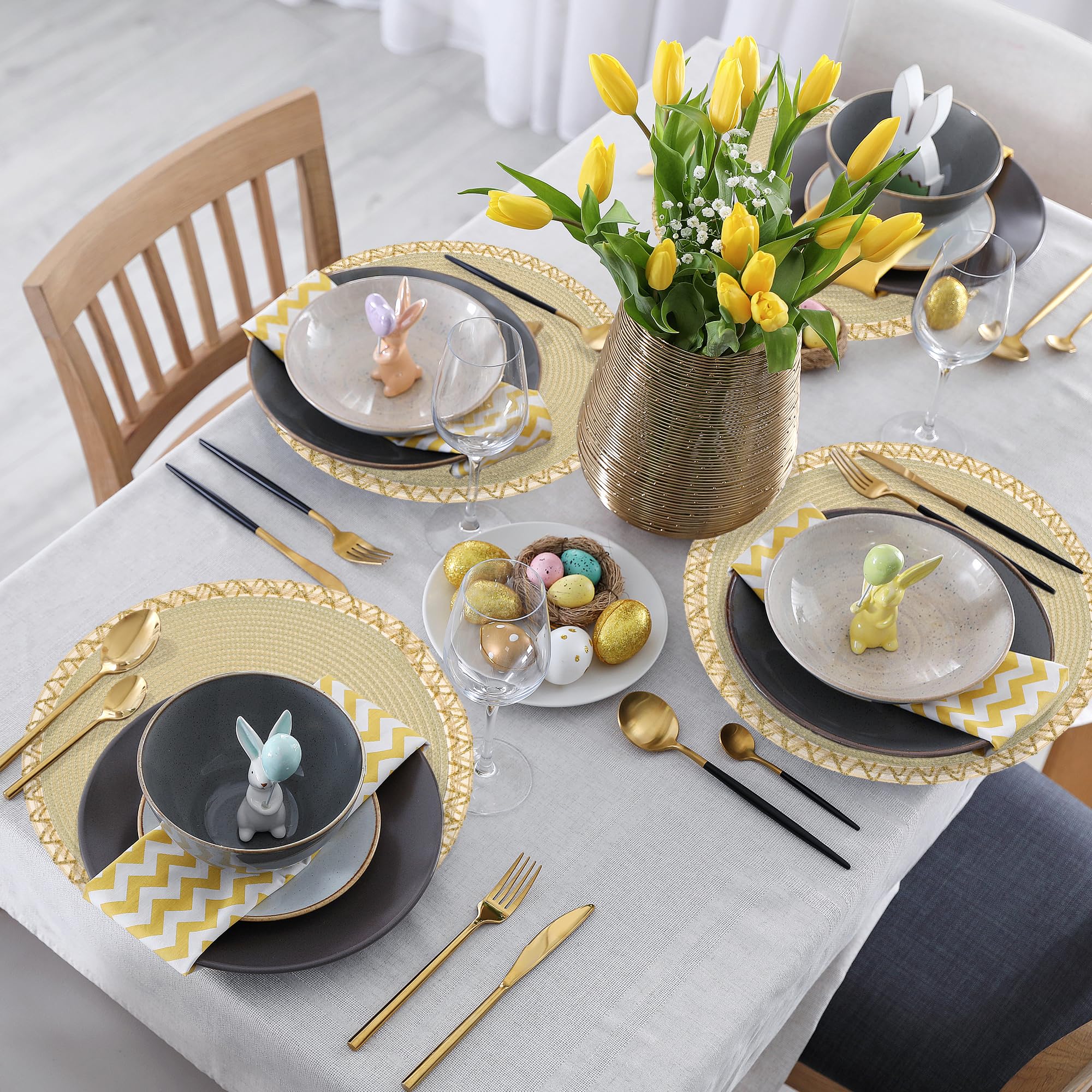 Fanquare Set Di 4 Tovagliette Rotonde In Erba Naturale Con Nappe – Stile Boho, Marrone E Beige – Sottopentola Antiscivolo - 3