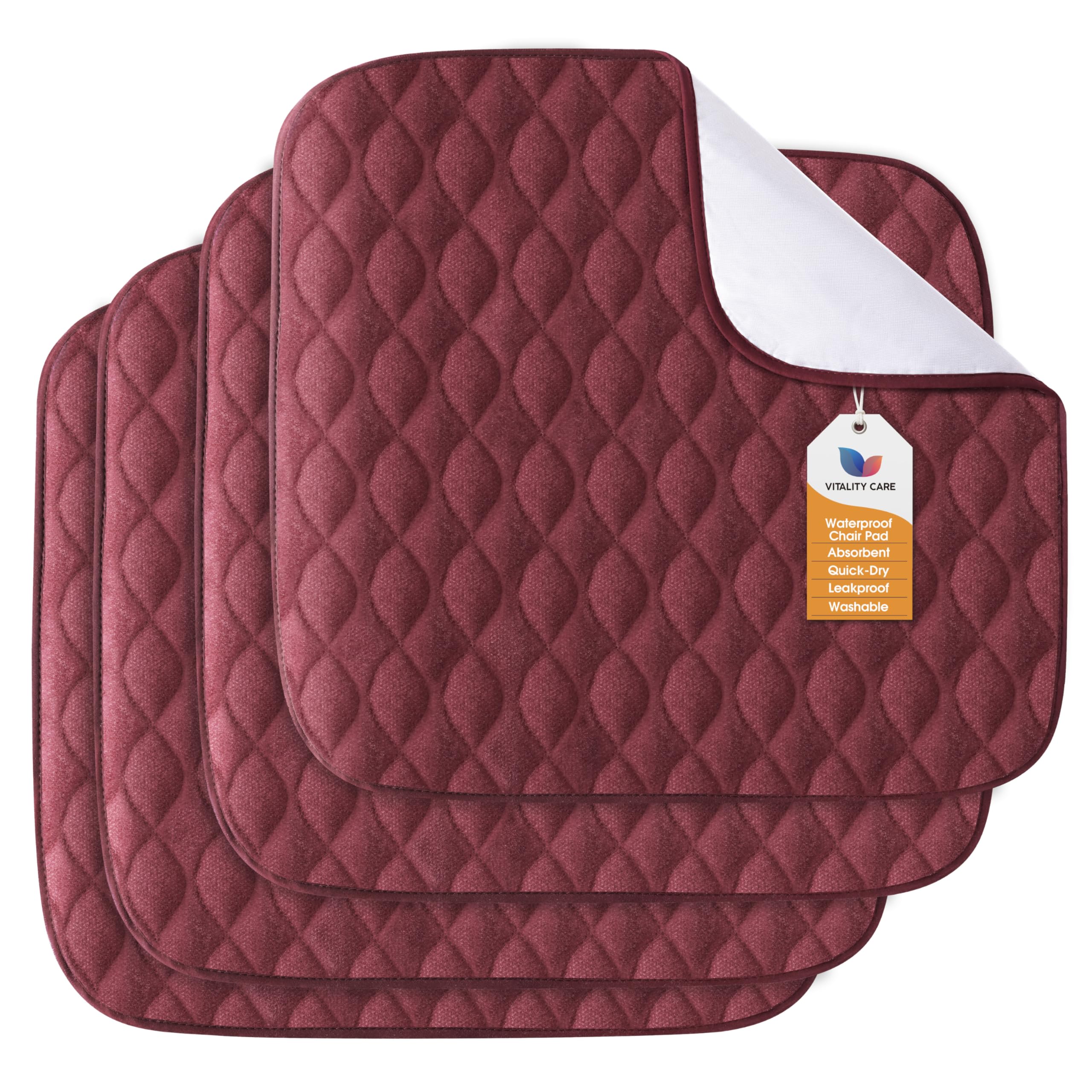 Vitality Care Wine 4Pcs Absorbent Incontinence Chair Pads,Waterproof Seat Protector For Wheelchair/Car Seats/Sofa/Bed, Washable Chair Covers Non-Slip For Adults With Incontinence 53×56Cm, ,4-Layer Design