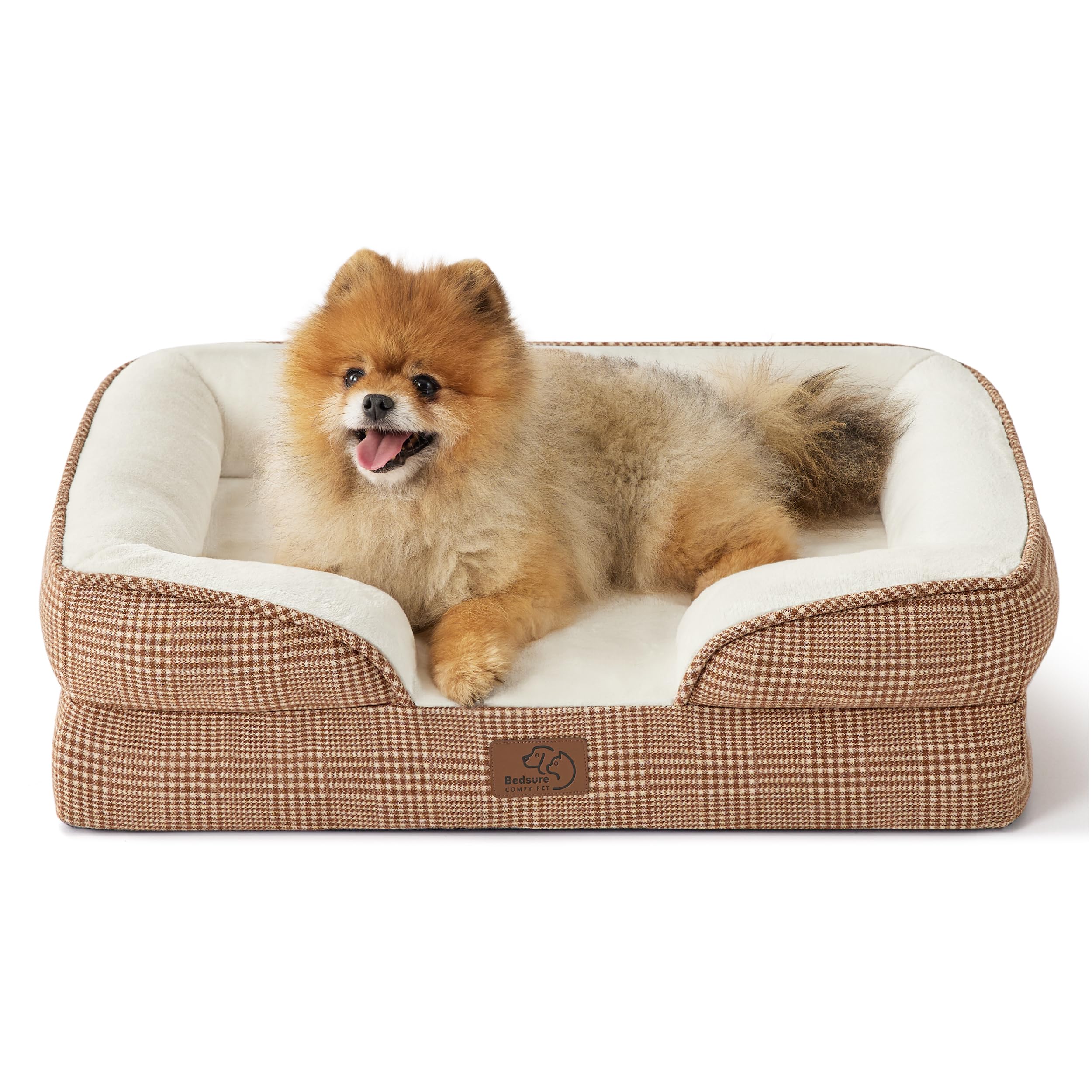 bedsure small orthopedic dog bed - washable bolster dog sofa beds for small dogs, supportive foam pet couch bed with removable washable cover, waterproof lining and nonskid bottom couch, brown checks