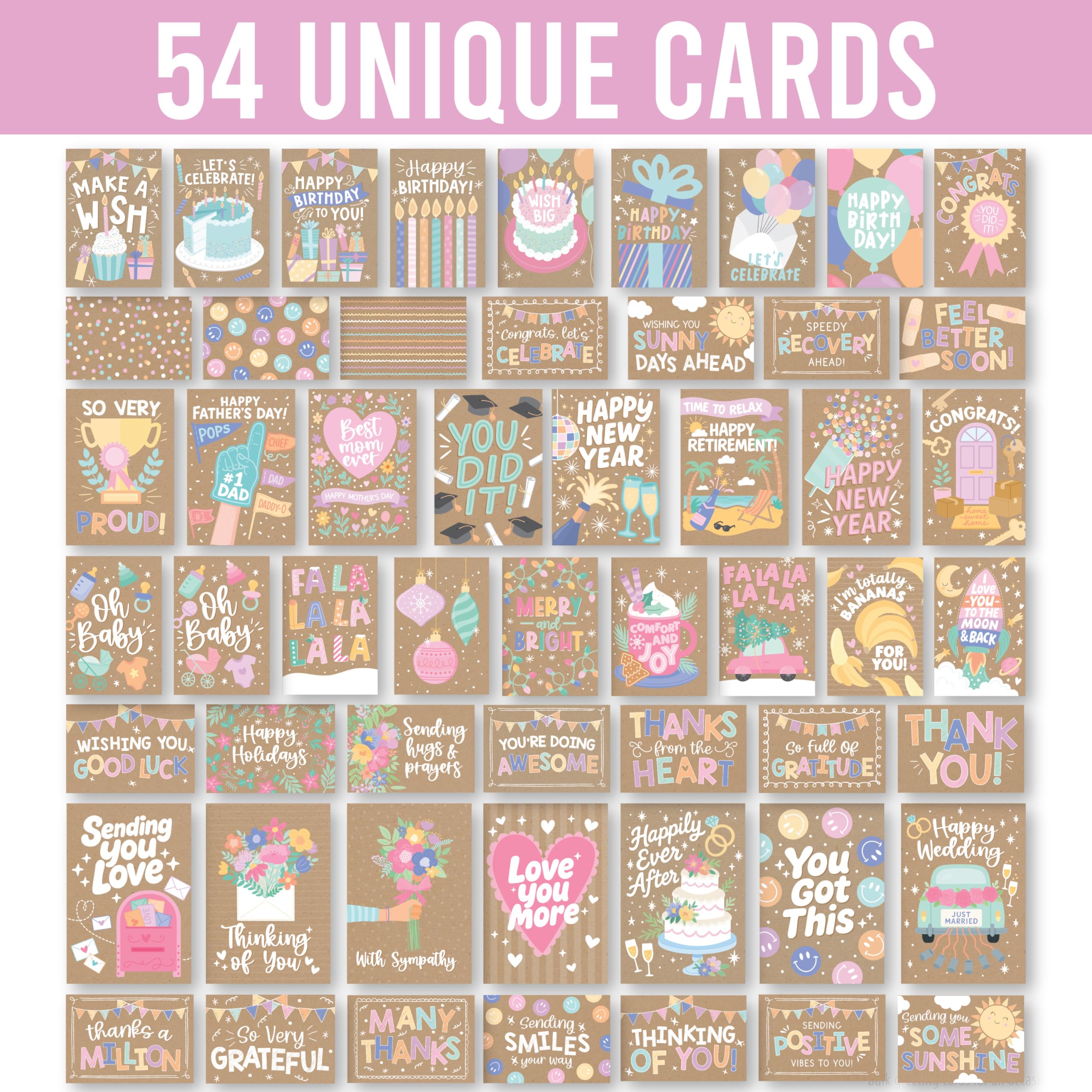 Hadley Designs Assortiment de cartes avec enveloppes pour toutes les occasions – 54 cartes de vœux en vrac pour toutes les occasions, assortiment de cartes de vœux, anniversaire, remerciement