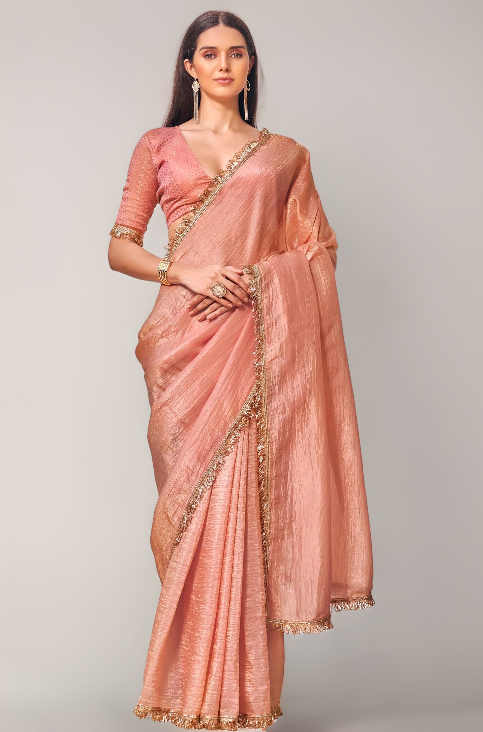 Womanista Women's Plain Organza Solid Embellished Lace Saree with Un-Stitched Blouse