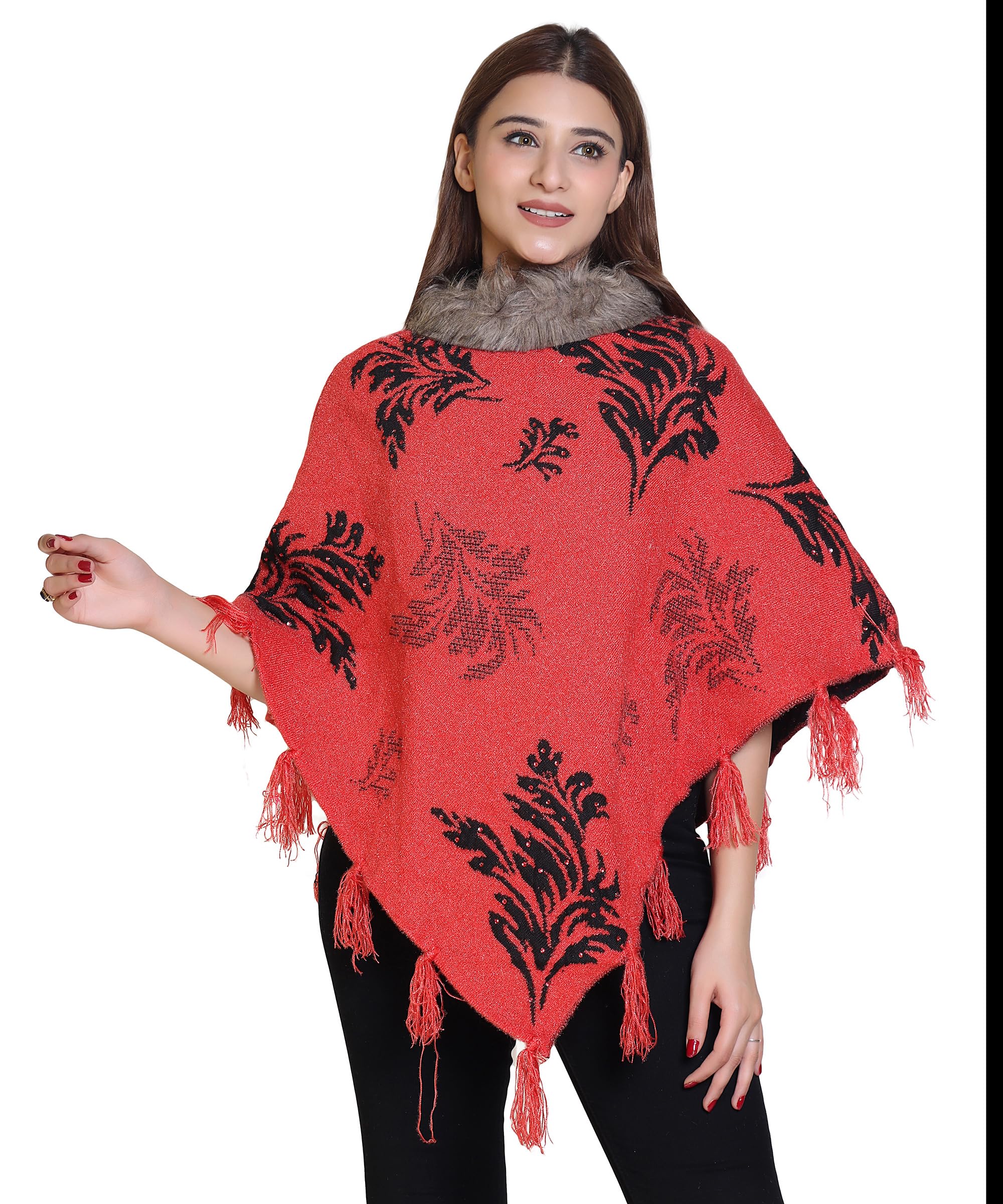 Styilsh Woollen Poncho with Fur Collar,With Floral Pattern, ladies poncho,Best Colour Variation Free Size (Pack Of 1)-image-23