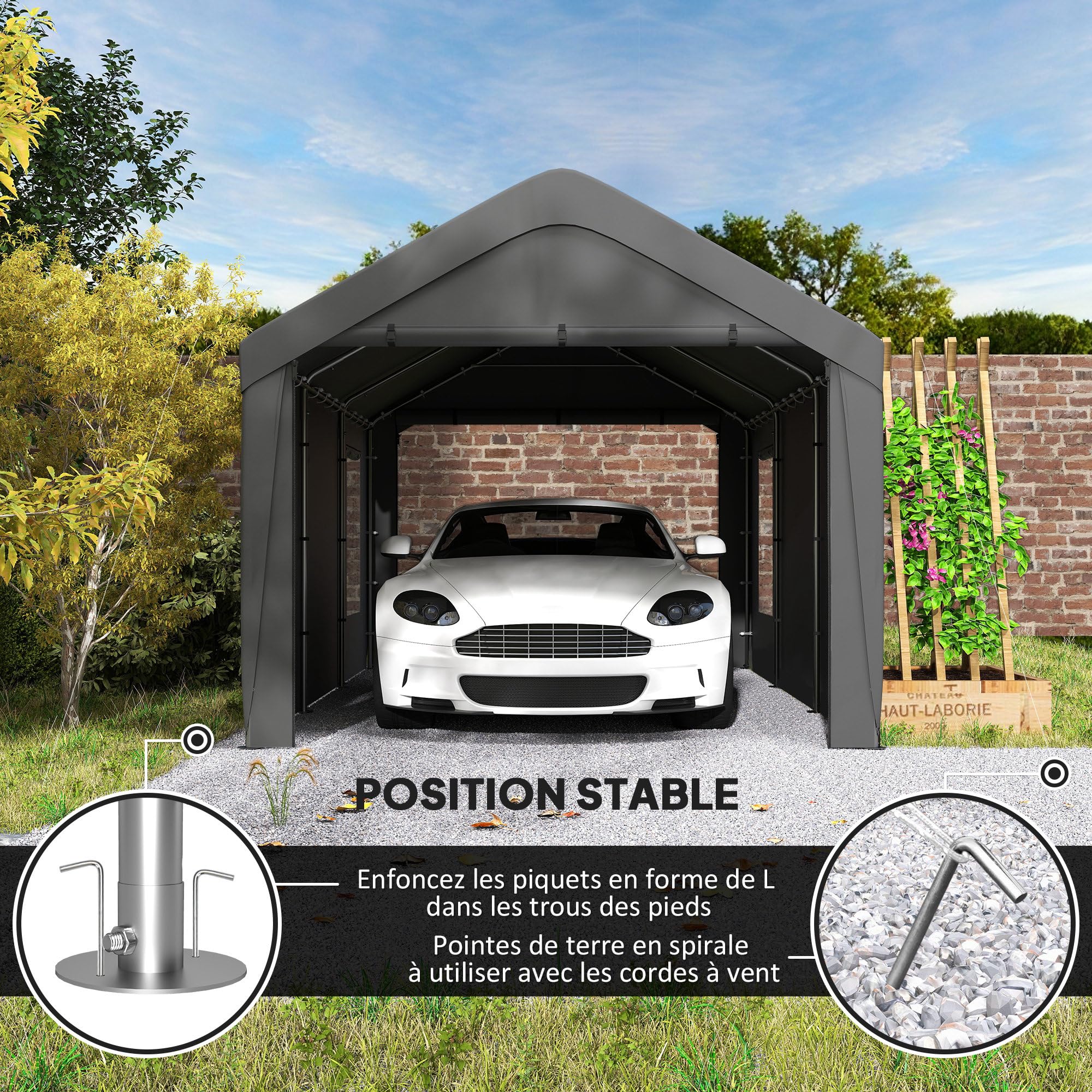 Outsunny Carport Tente de Garage 3 x 6 m abri Voiture extérieur Tente de Stockage avec parois latérales Amovibles, 2 Portes enroulables et 4 fenêtres, pour Camion, Bateau, Gris foncé