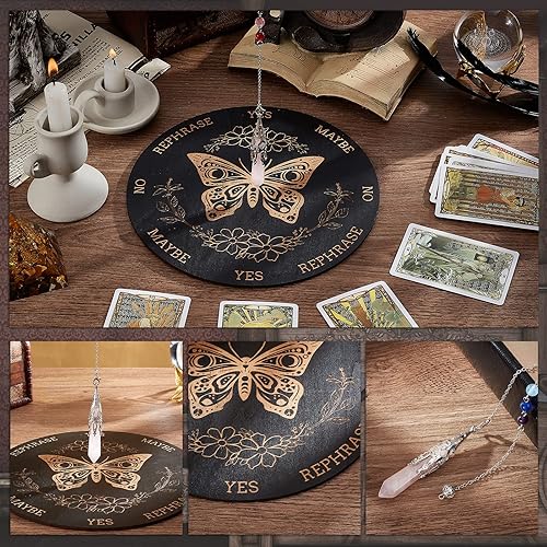 Miniatura 6 de AHANDMAKER Tabla de péndulo de bruja de 7.8 pulgadas, plancha de madera para radiestesia con péndulos de cristal de cuarzo rosa, herramientas de