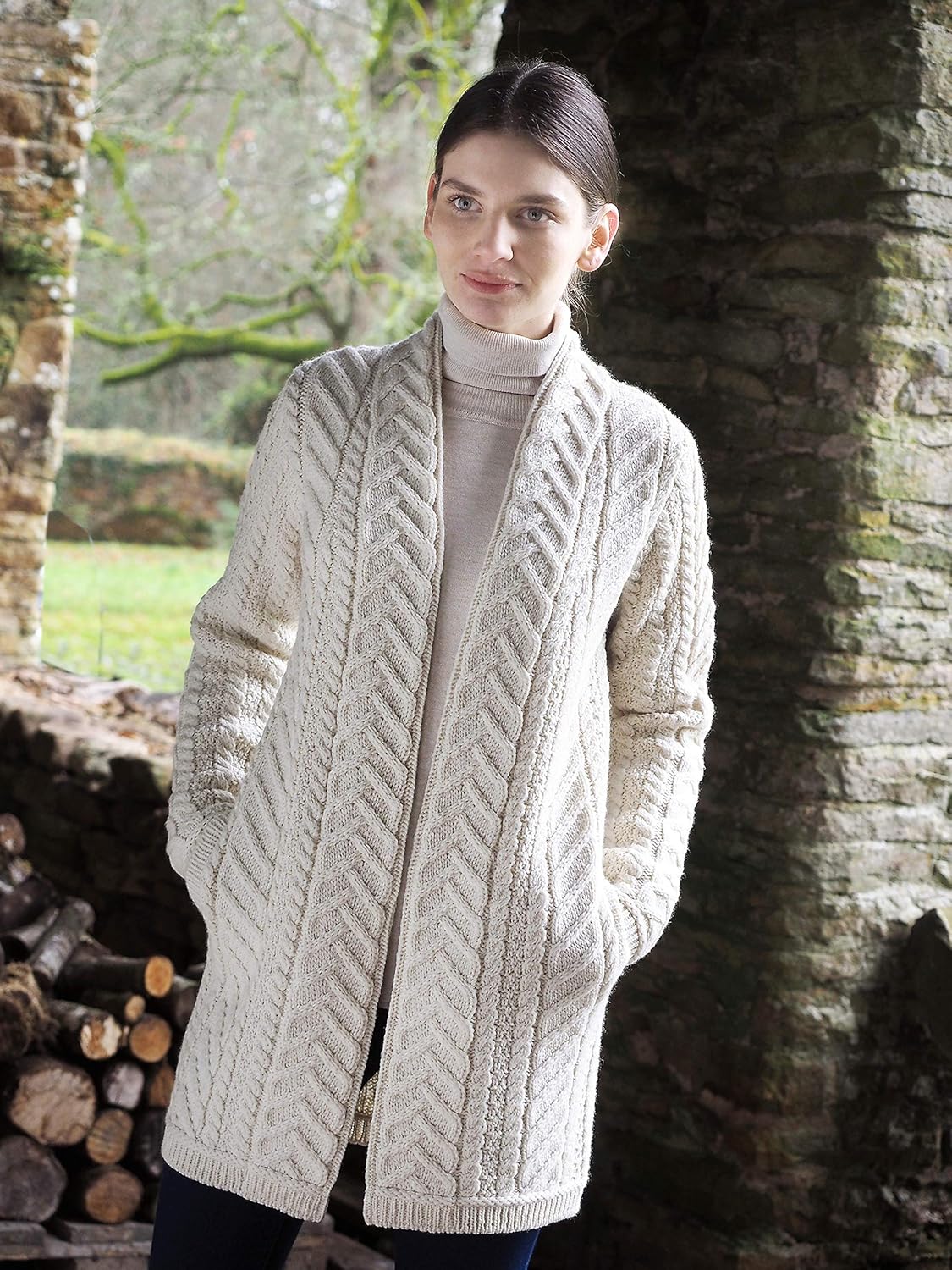 Aran Crafts Women's Edge to Edge Cardigan Coat (100% Super Soft Merino Wool)